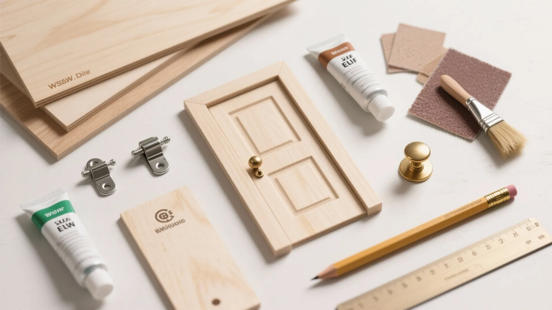Miniature wooden door surrounded by craft tools including glue brush pencil ruler and small hinges