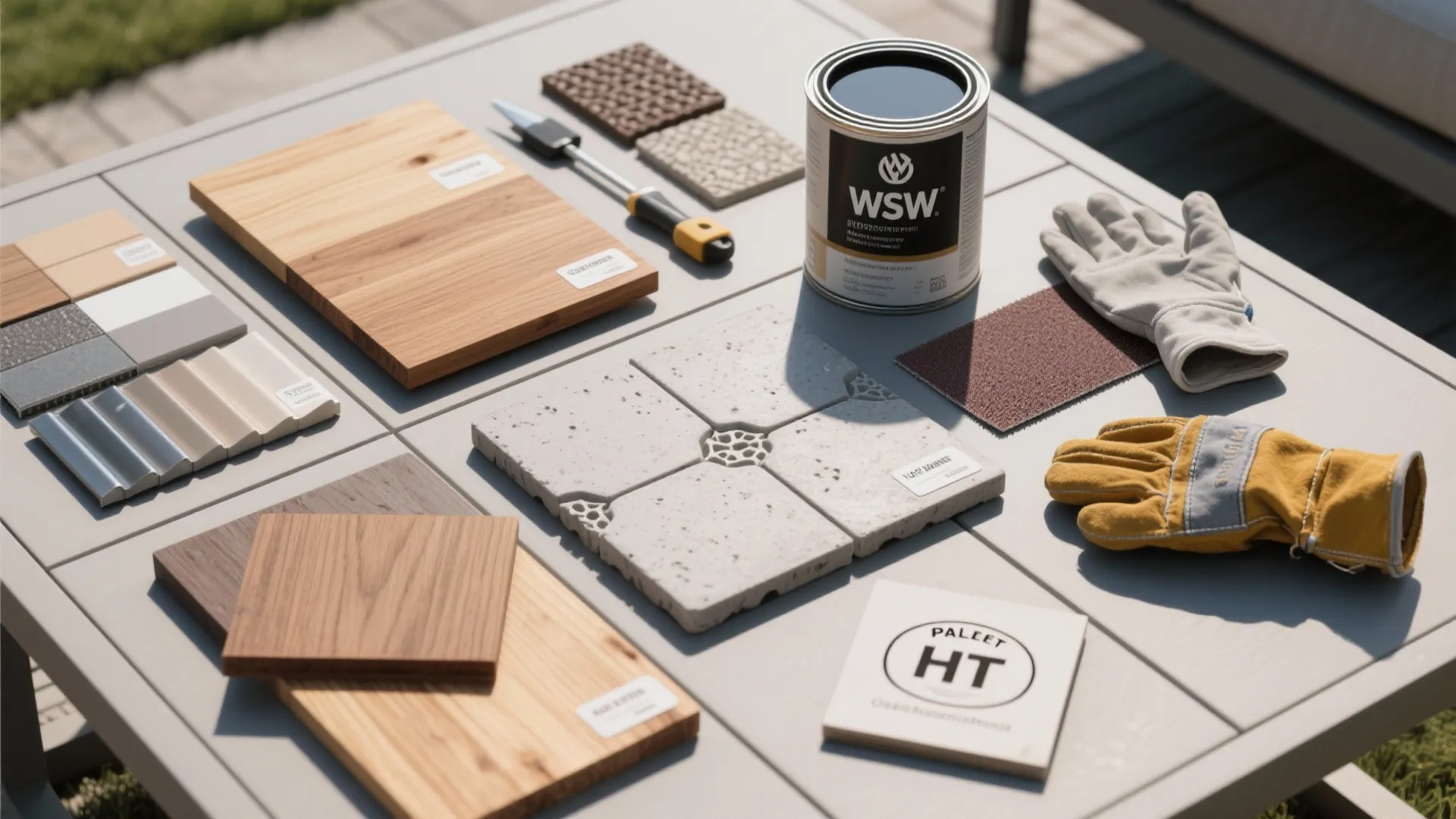 Flatlay of outdoor material samples and tools: cedar, teak, powder-coated metal, faux-concrete sample, marine varnish and safety gear for patio tables.