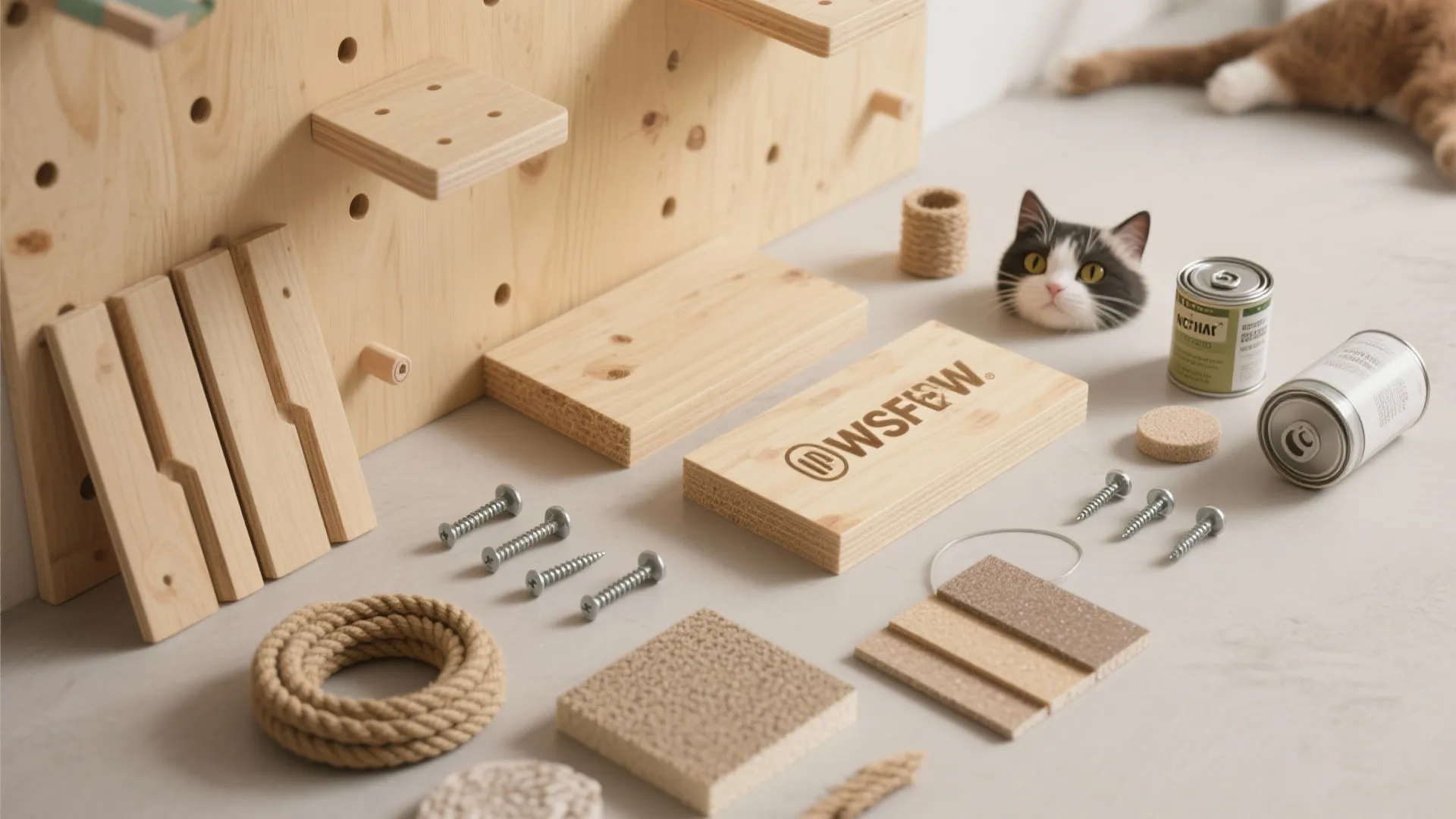 Wood panels screws rope and paint cans arranged neatly for a DIY cat wall project