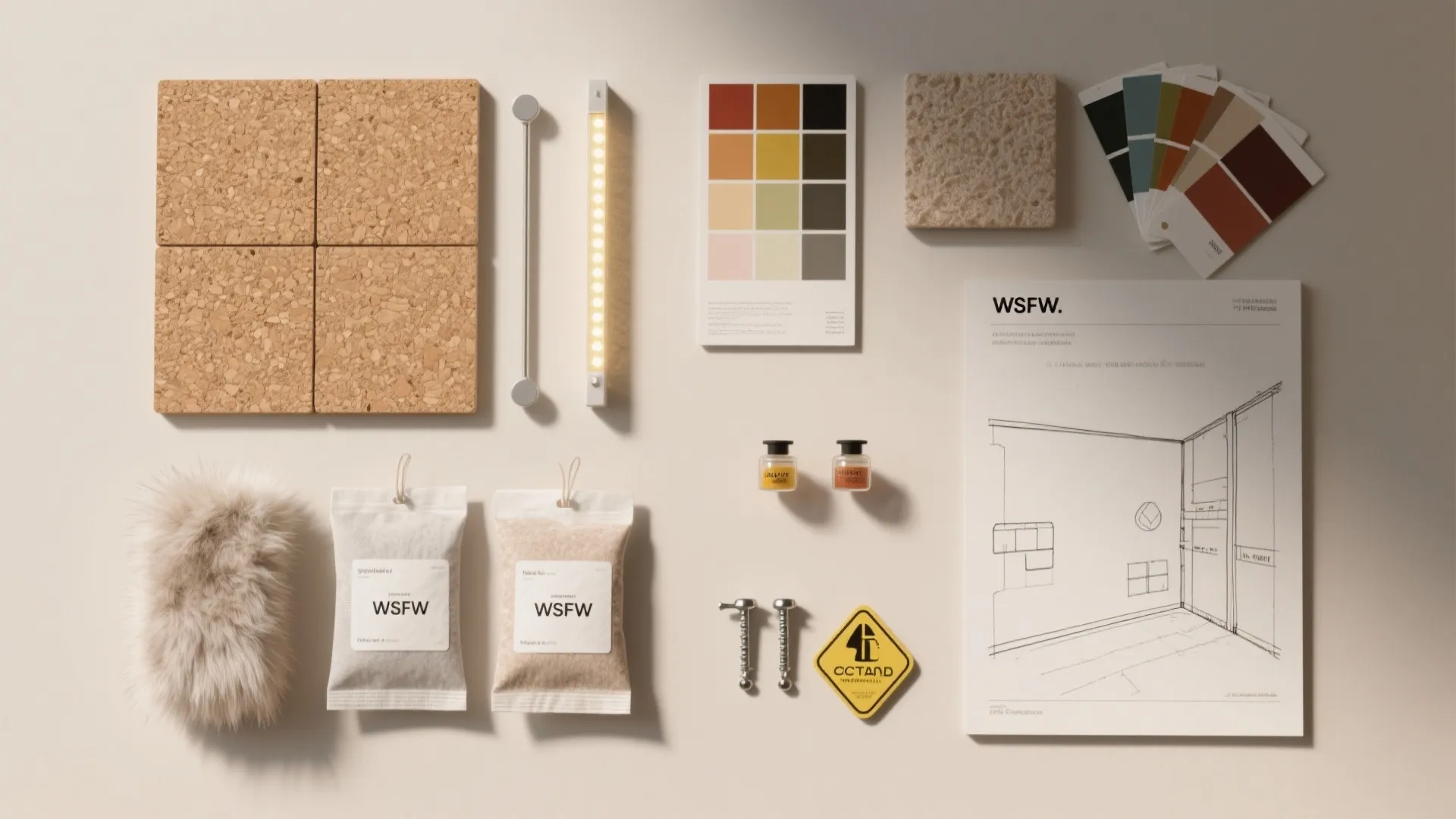 Flat lay of interior design materials including cork tiles color swatches fabric samples and room sketch