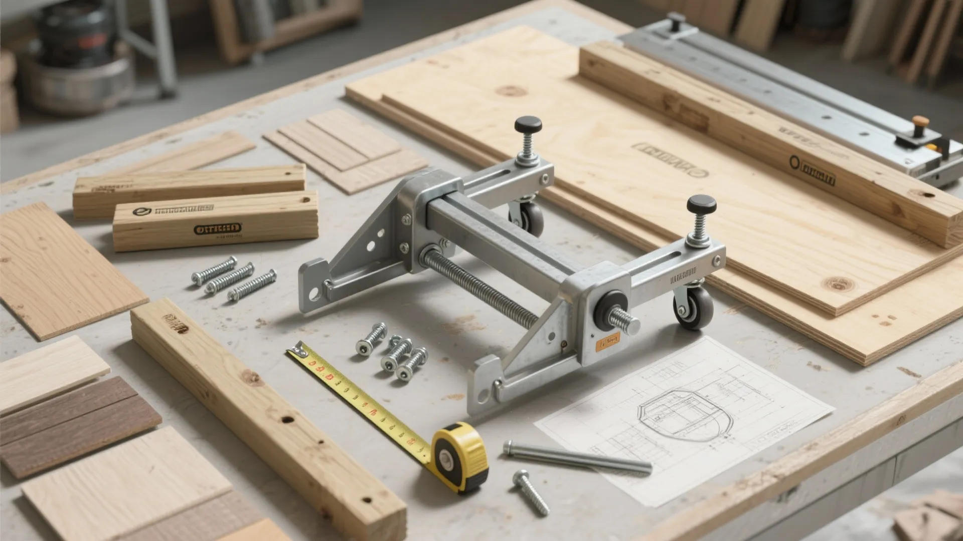 Top-down flatlay of plywood, lumber, brackets, casters and hardware for building a table saw stand.