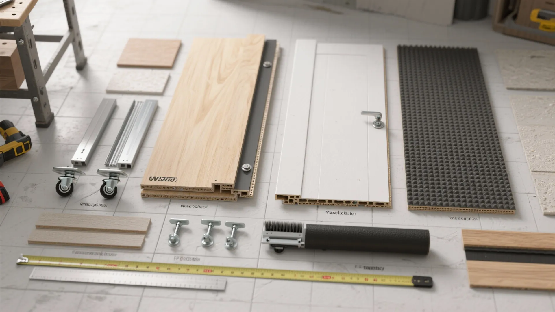 Top-down flatlay showing plywood, MDF, casters, acoustic materials, and hardware for building a movable wall.