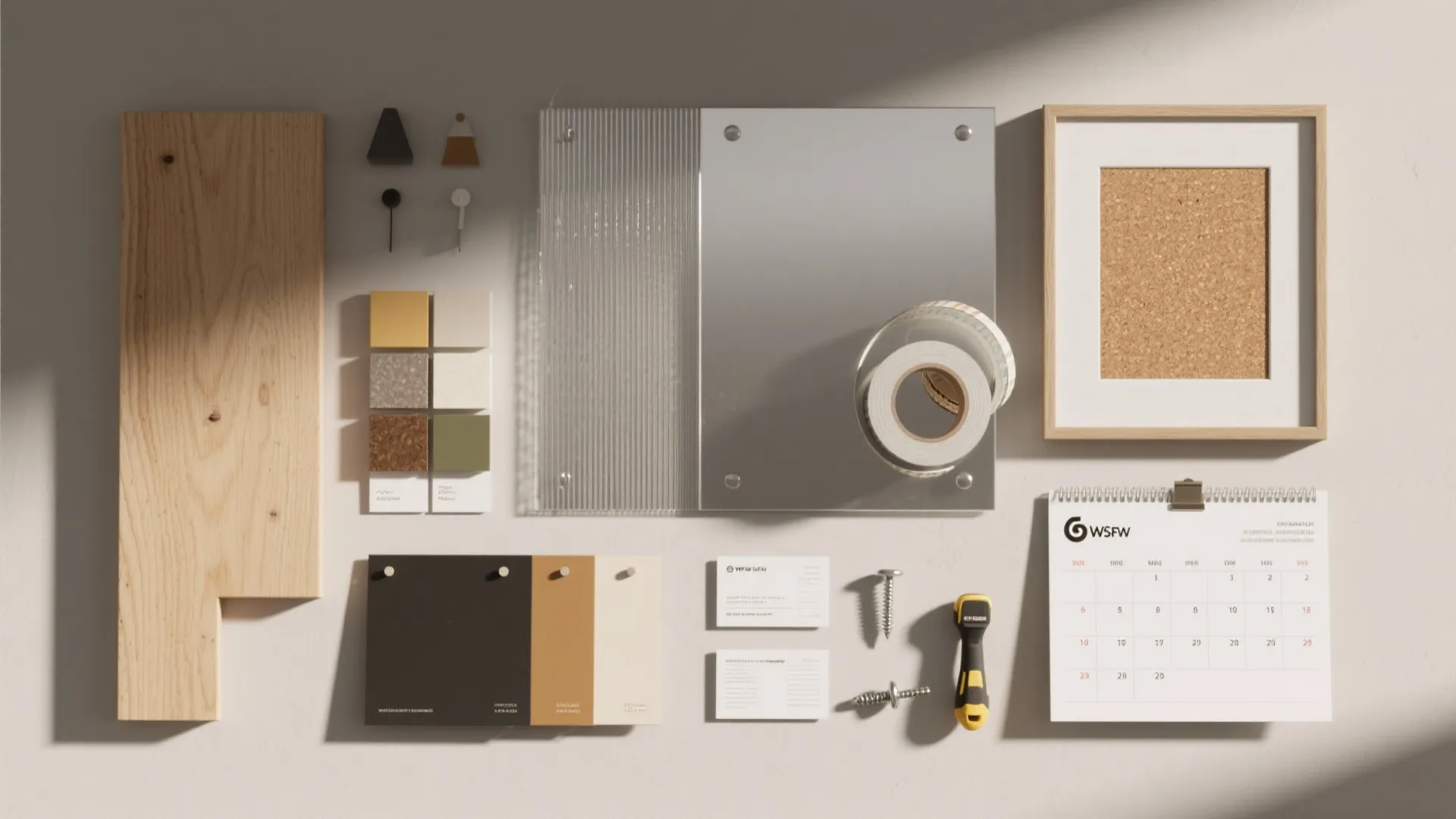 Flatlay of calendar wall materials including plywood, metal panel, acrylic, cork, washi tape and tools.