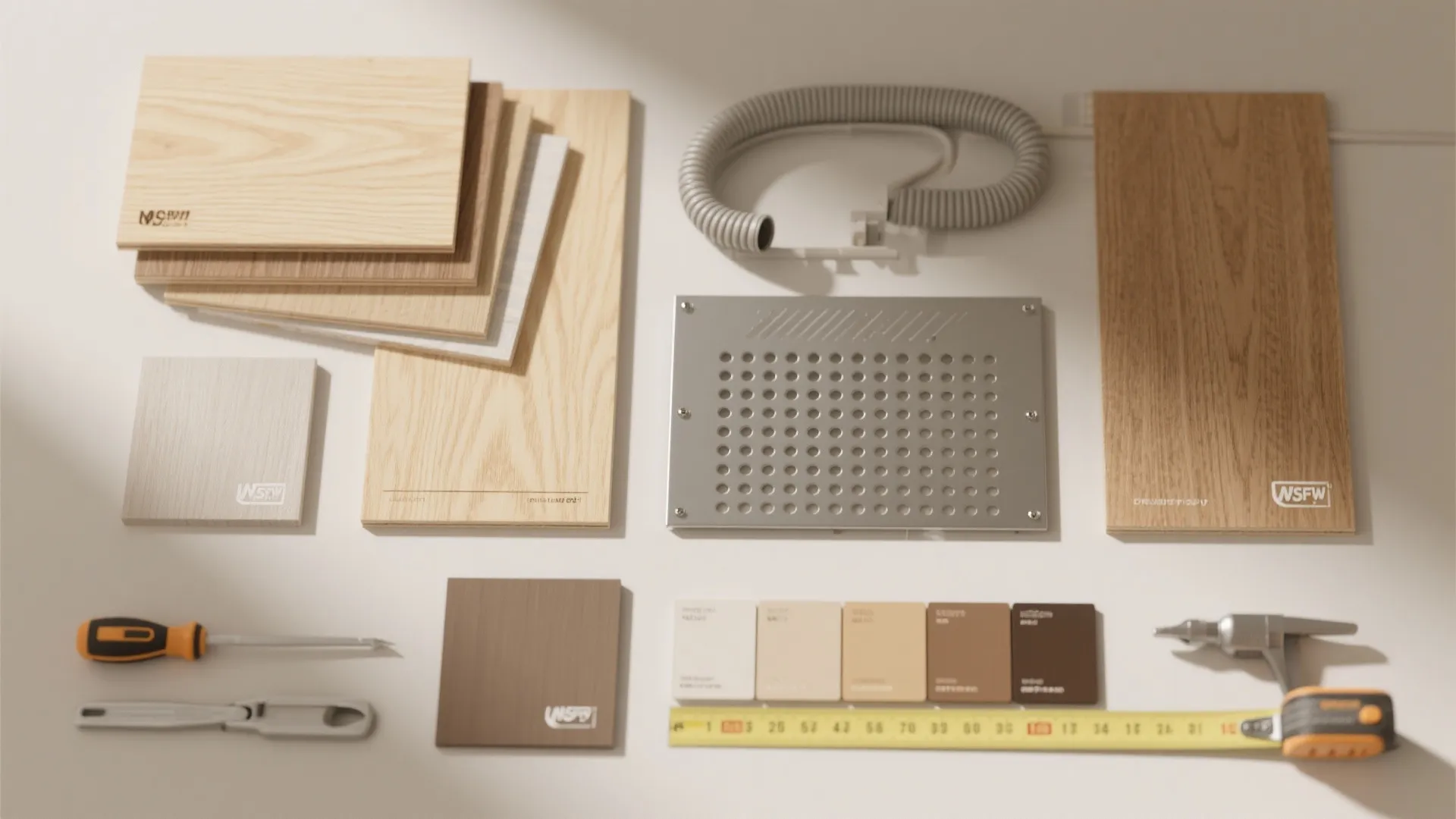 Collection of wood floor samples, metal vent, measuring tape, and tools for interior design project