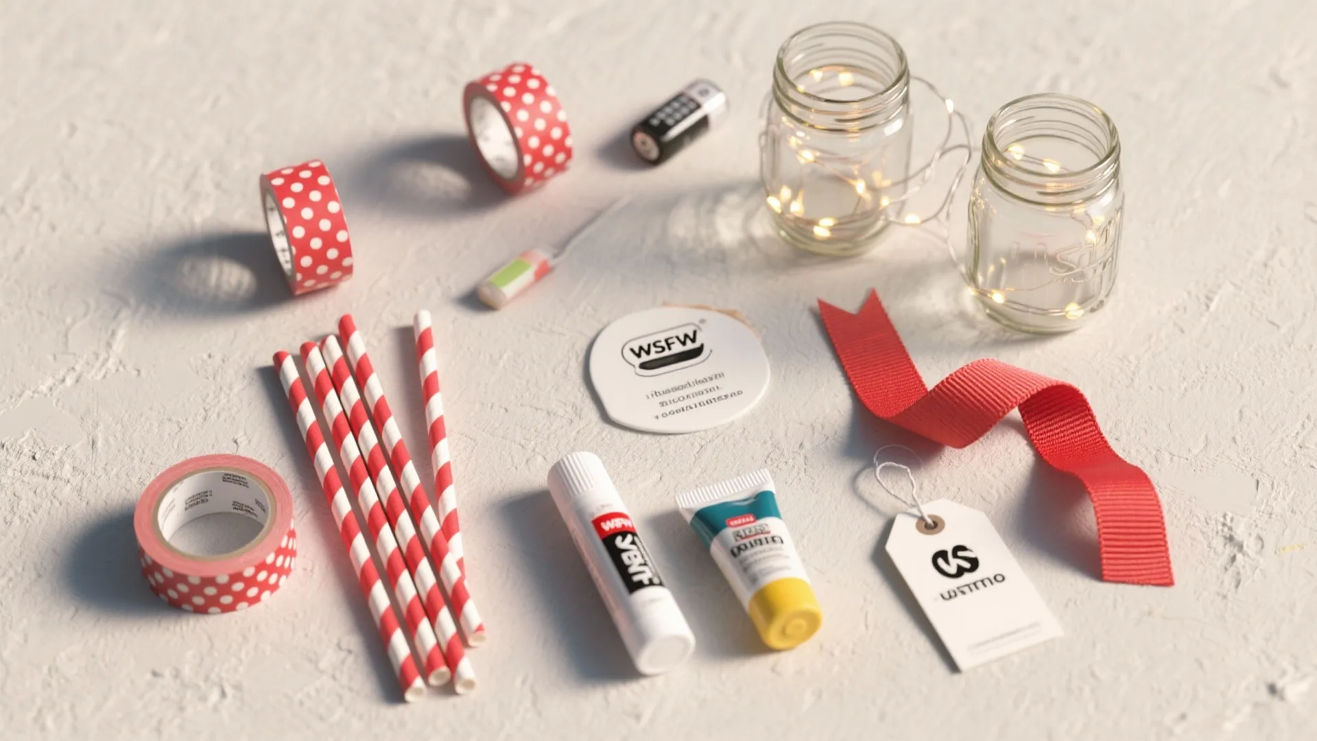 Craft supplies including red tape and glass jars with small lights on a white surface