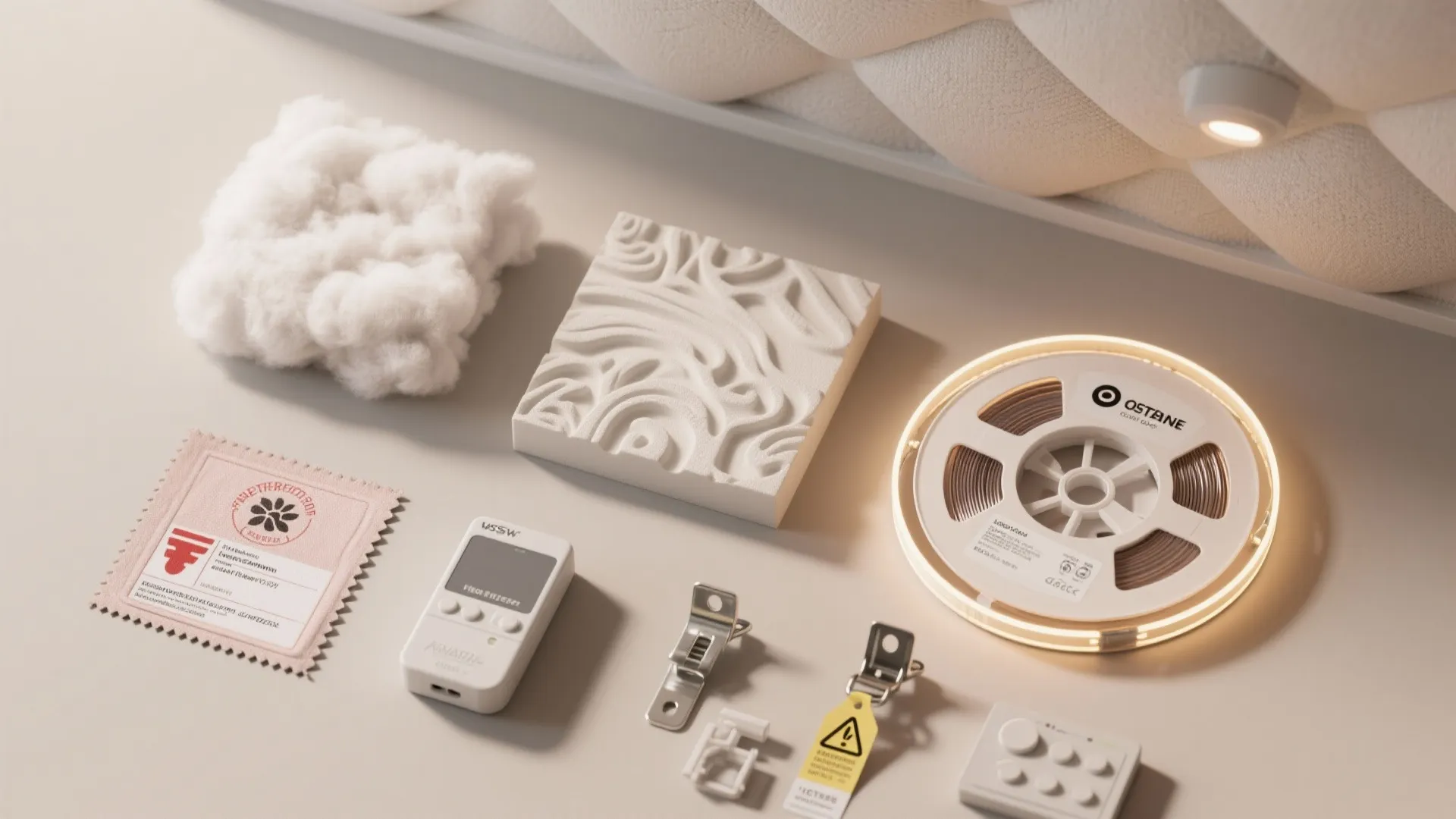 Interior design material samples including white foam textured wall panel led light reel and clips