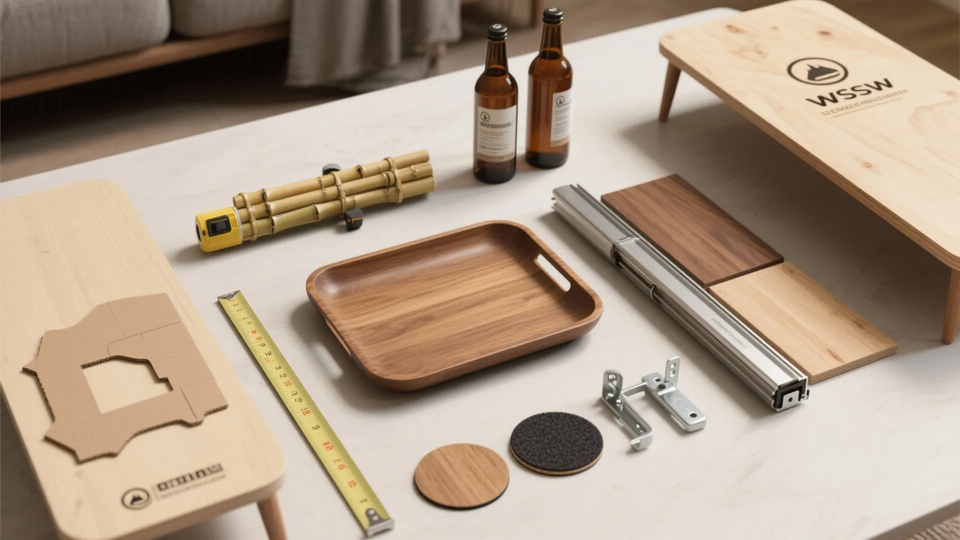 Flatlay of materials and tools for DIY couch arm tables including plywood samples, brackets, runners, pads and measuring tools.