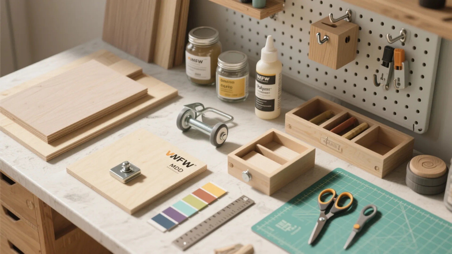 Worktop with wooden boards wood glue scissors cutting mat and small boxes for interior design