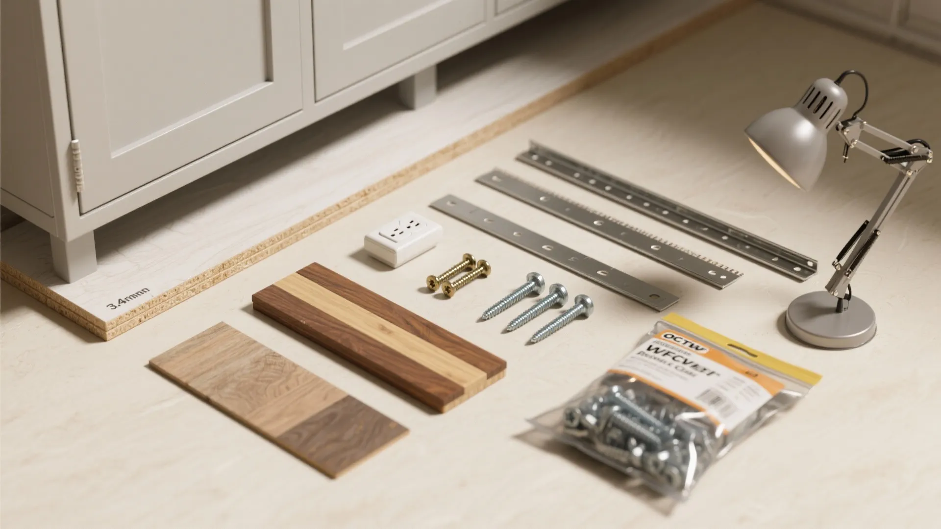 Collection of building materials including wood planks screws metal strips and a small grey lamp