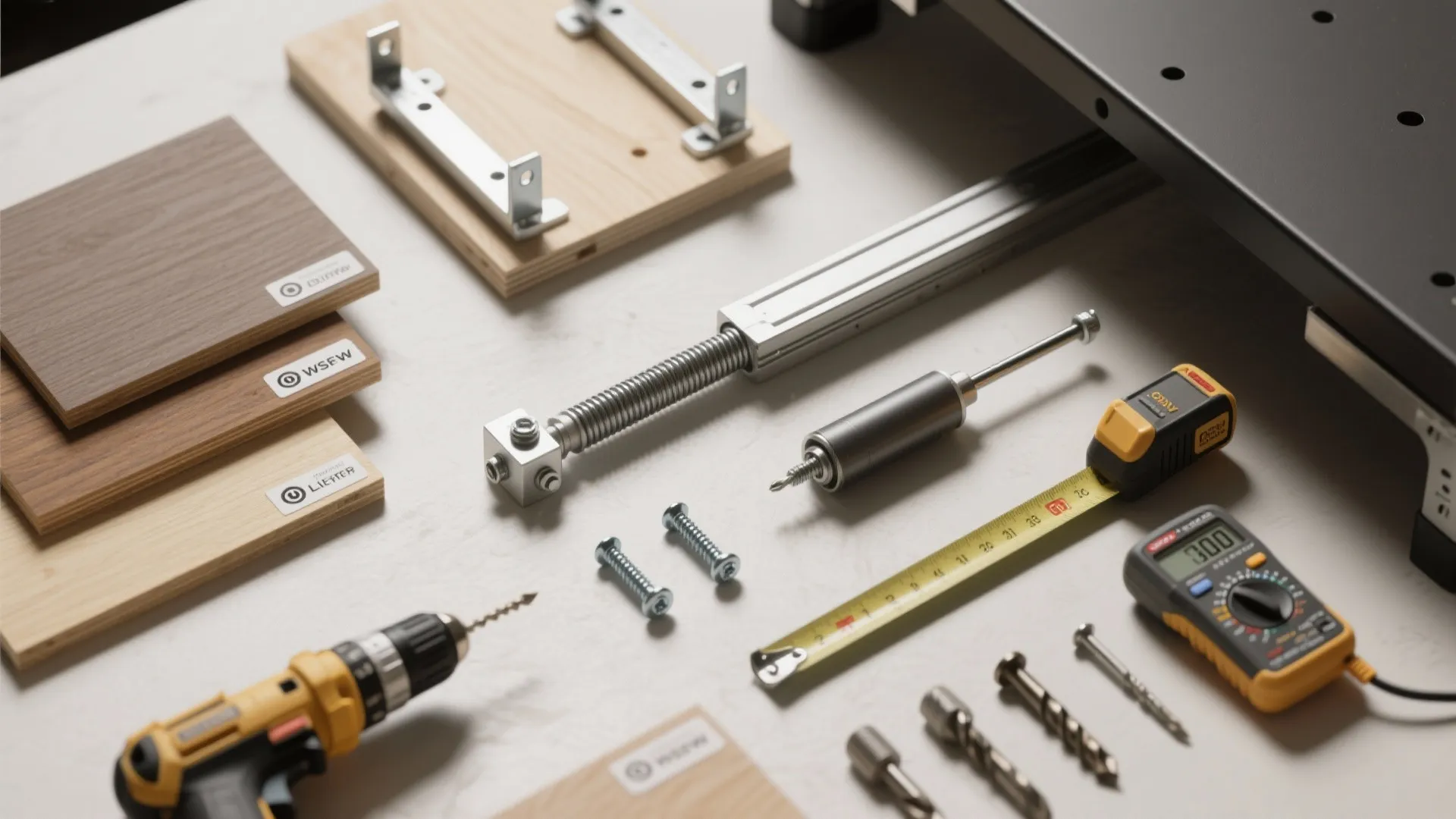 Interior design tools including power drill wood floor samples measuring tape screws and digital multi meter