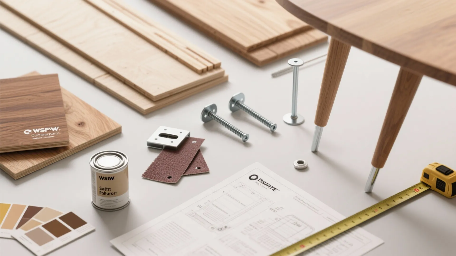 Interior design drawing with wood samples paint can color swatches metal screws and yellow tape