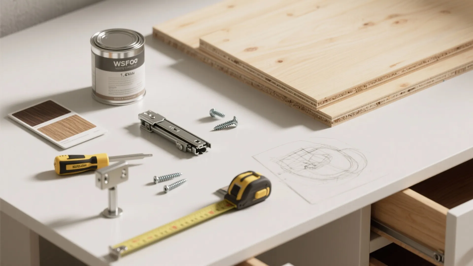 Wood panels tape measure screwdriver and screws on white table for home interior design project