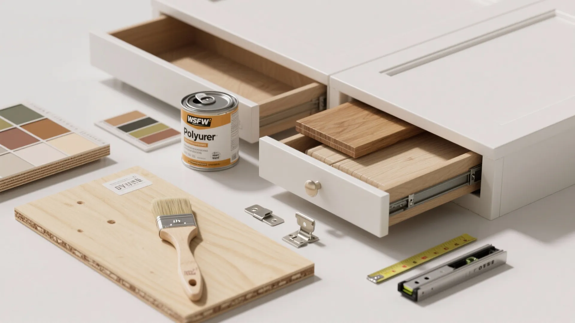 Cabinet drawers with wood samples paint can brush color palette and measuring tape on white surface