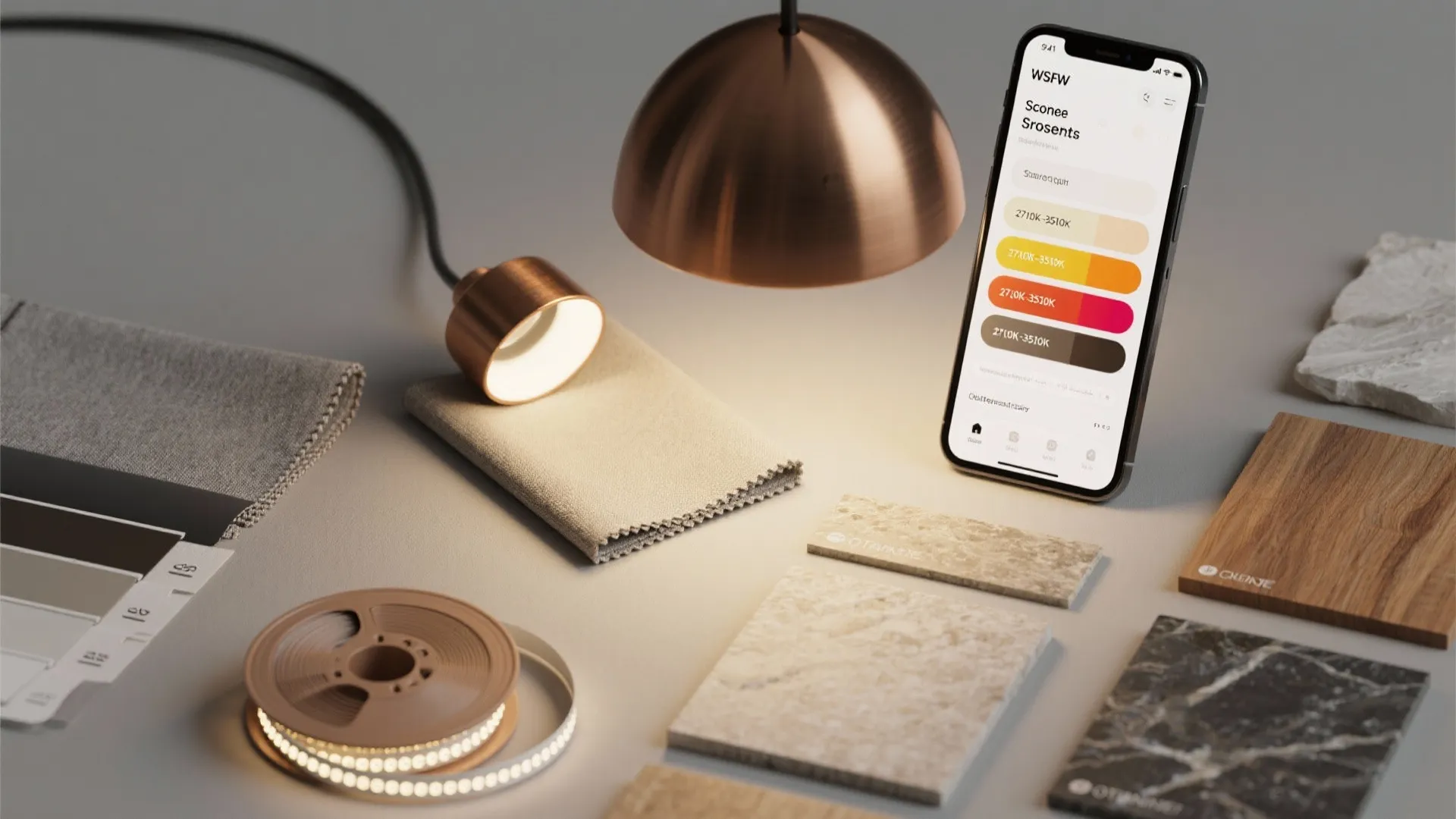 Flatlay of pendant metal sample, shade swatches, LED strip, finish samples, and smartphone showing lighting scenes.