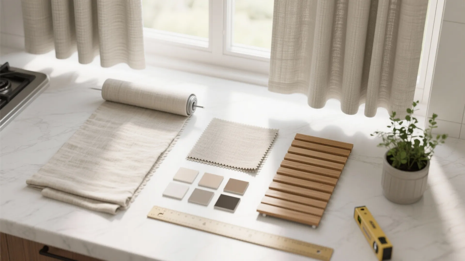 Interior design materials including fabric samples wood pieces and a ruler on a white countertop