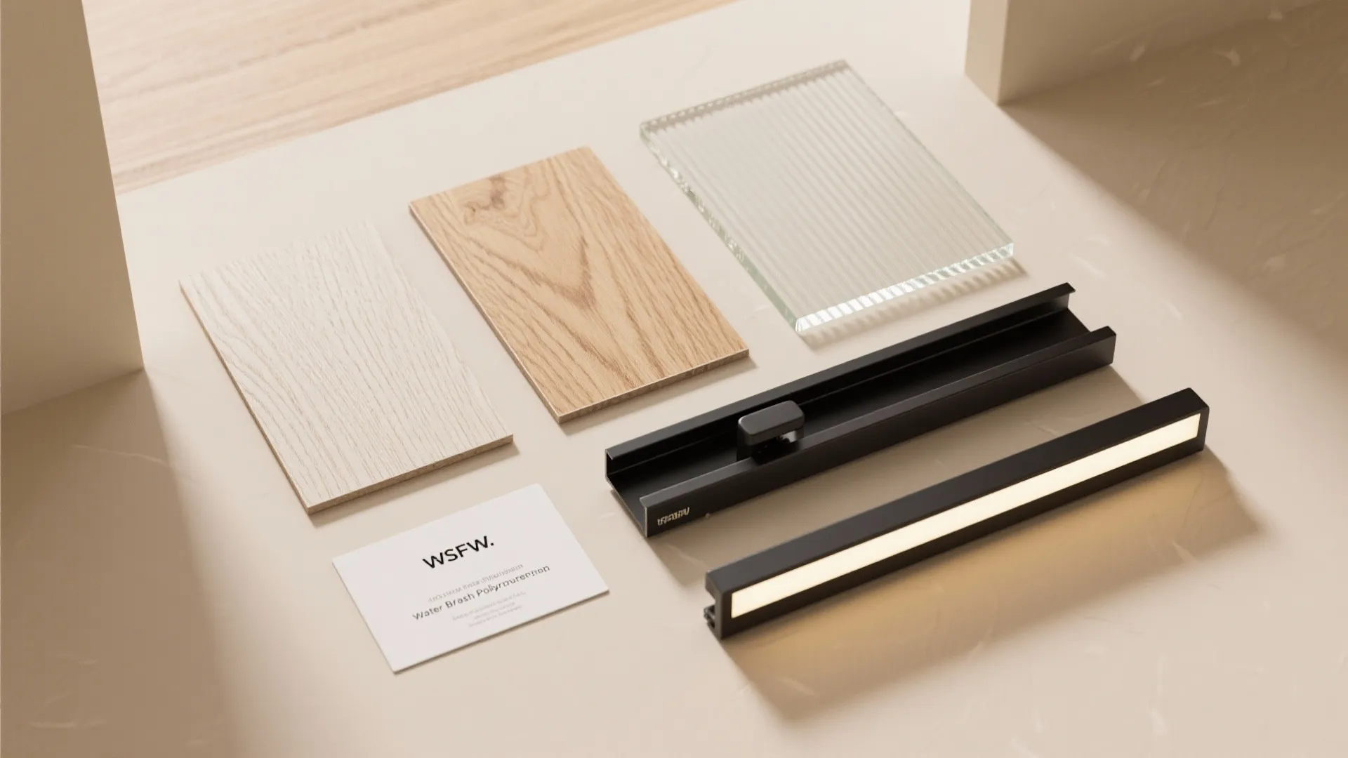 Mixed Materials: Plywood, Glass, and Black Metal Accents