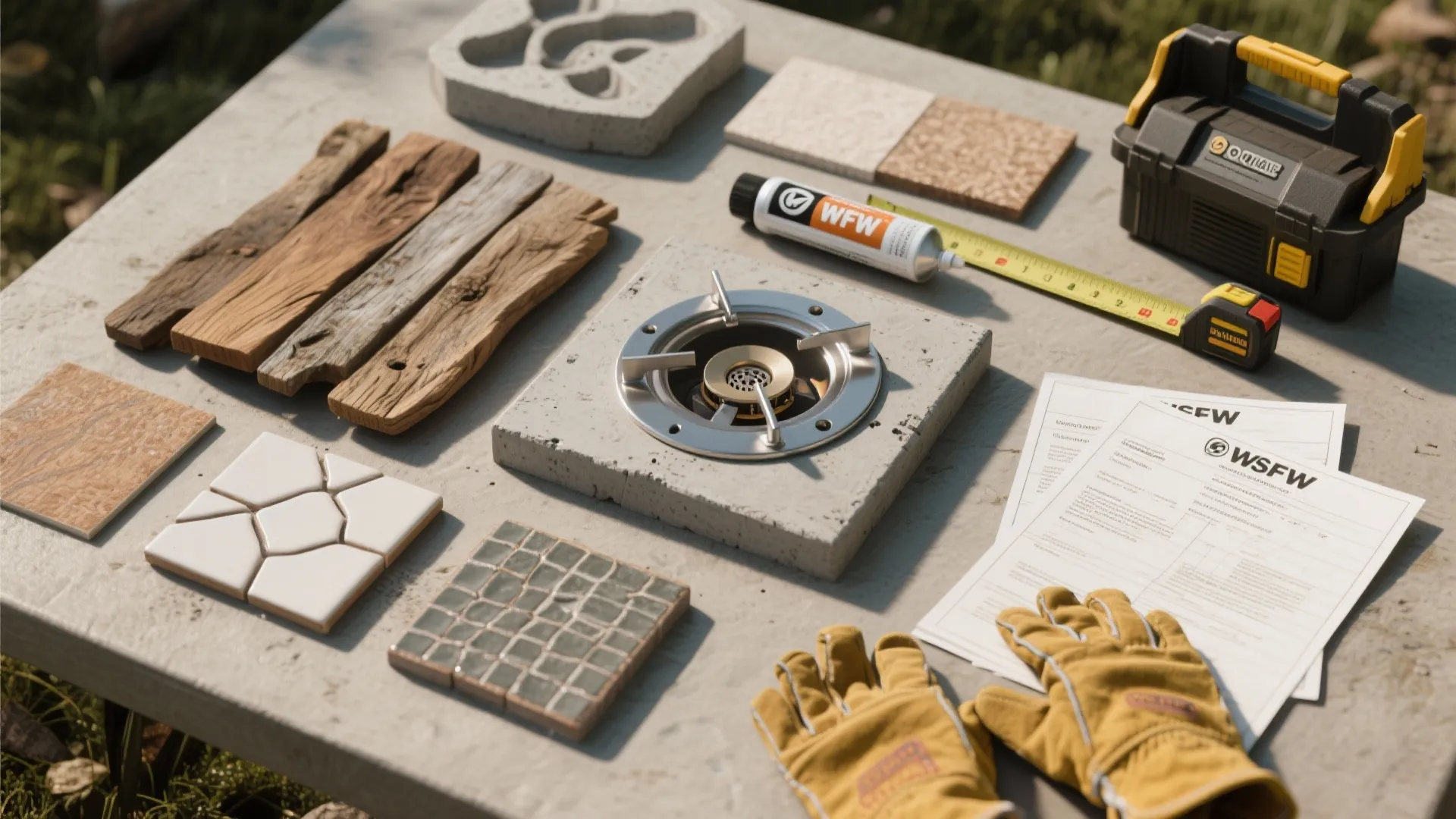 Top-down flatlay of materials and tools for building a fire table, including wood, concrete sample, burner and permit paperwork.