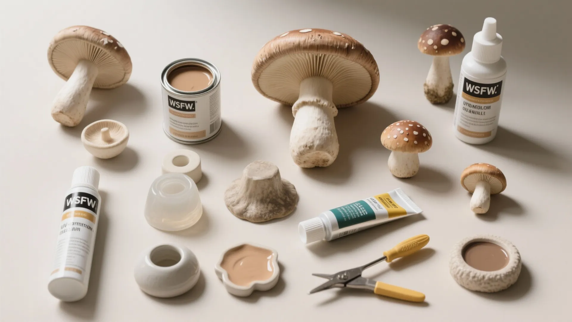 Flatlay of craft supplies including mushroom figures paint cans glue tools and small white bottles