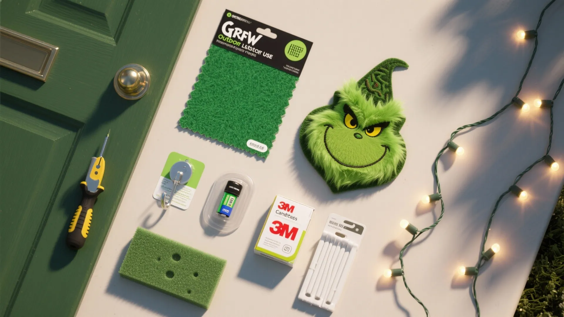 Flat lay of decorating tools and materials including a screwdriver hooks lights and green character