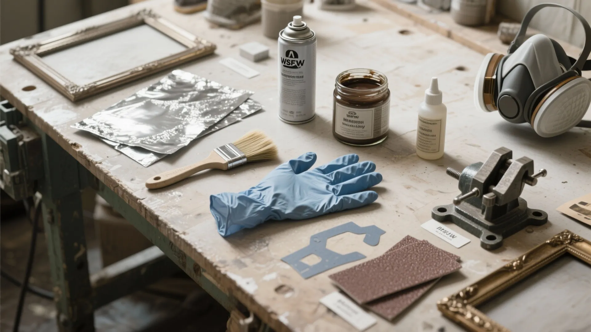 Workshop table with wooden picture frames, paint brush, blue glove, spray can, and face mask