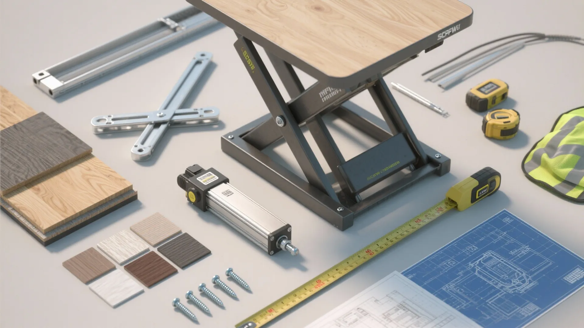 Top-down flatlay of materials and tools for a scissor lift table: metal samples, wood swatches, actuator, screws, and blueprints.
