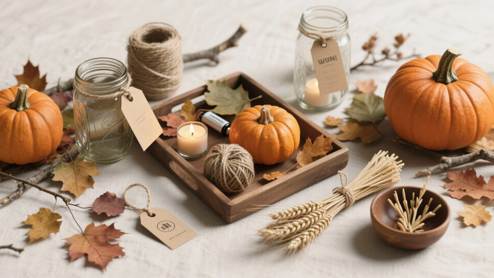 Top-down flatlay of inexpensive materials for DIY fall centerpieces including pumpkins, jars, twine, and battery lights.