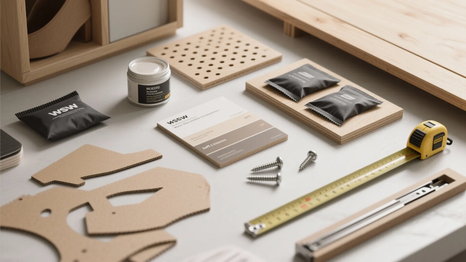 Interior design materials including wood samples paint jar tape measure screws cardboard cutouts and swatches