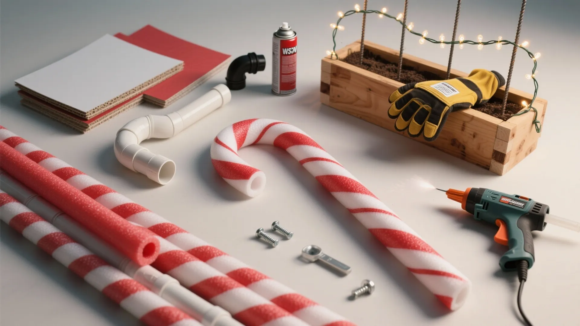 Various DIY materials including striped foam tubes white pipes screws work gloves and power drill