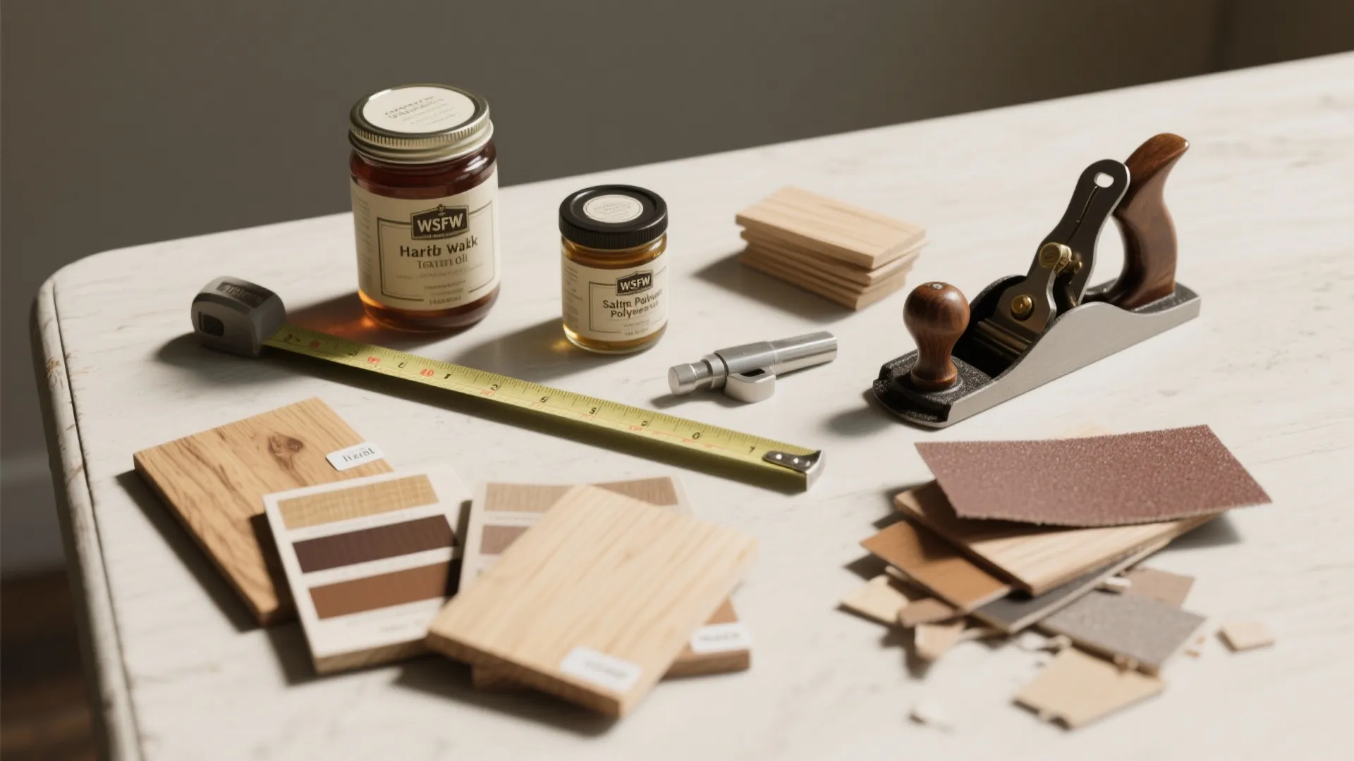 Various woodworking tools including measuring tape wood samples and jars placed on a bright white table