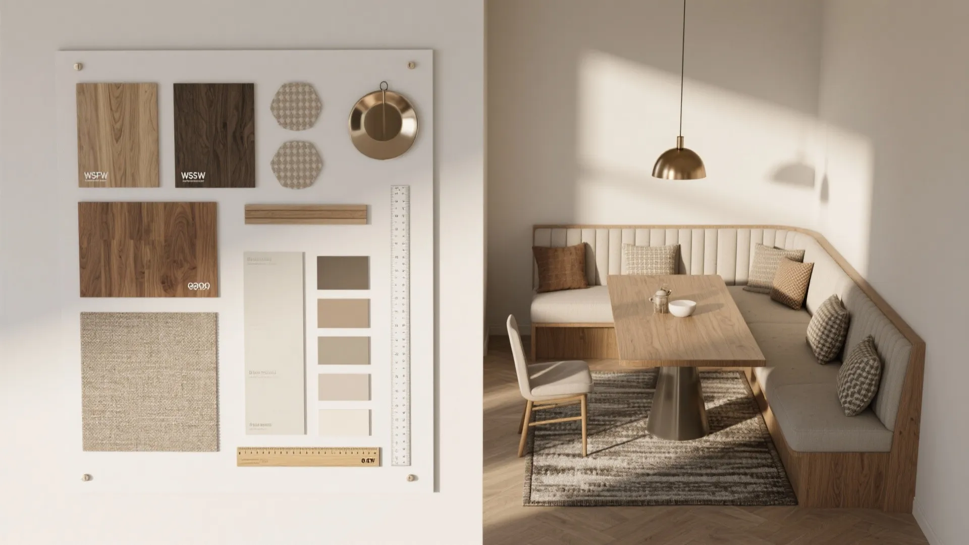 Interior design material board with wood swatches and fabric next to a wooden dining table