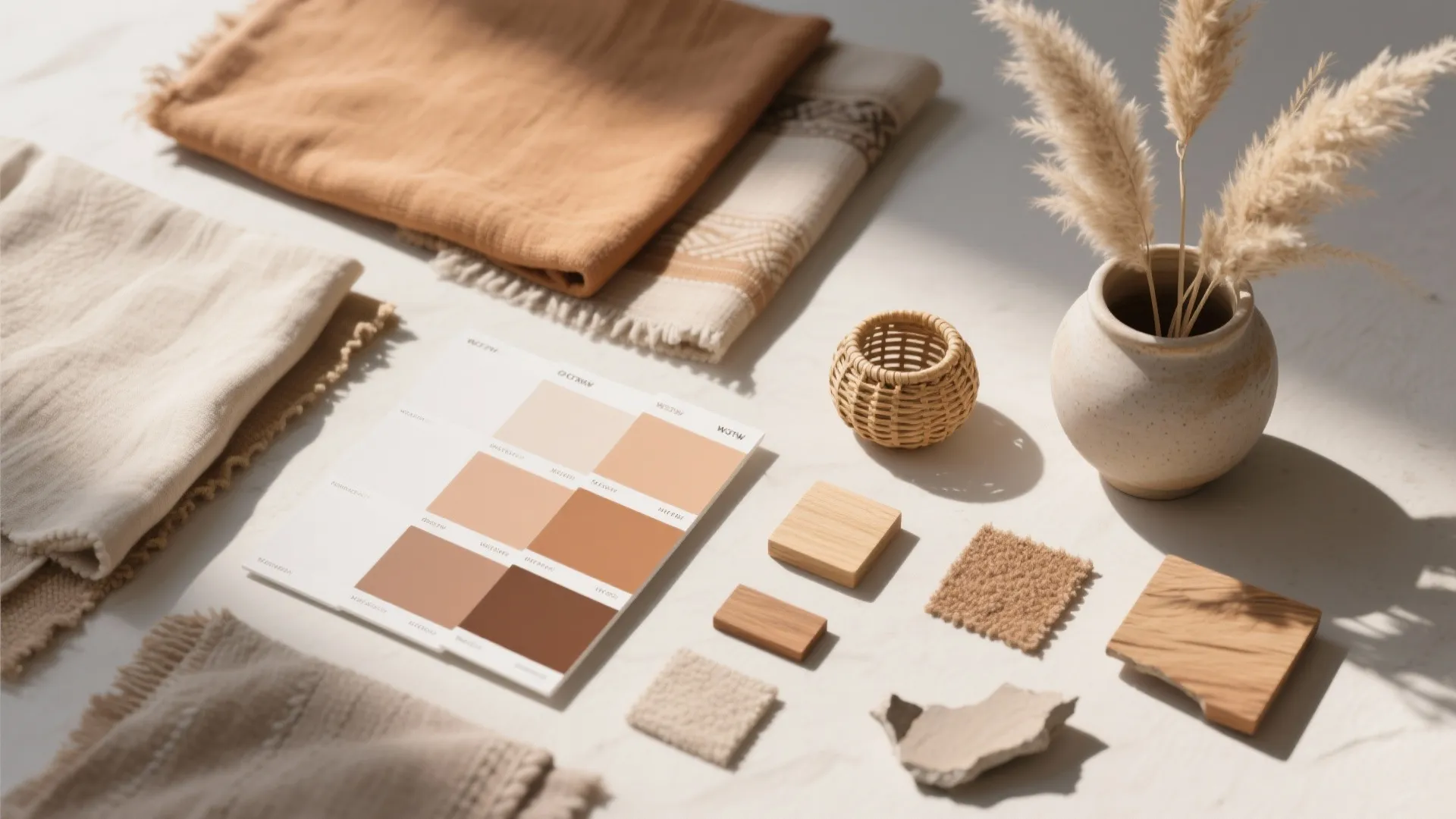 Interior design materials flat lay with fabric samples wood pieces color palette and a small vase