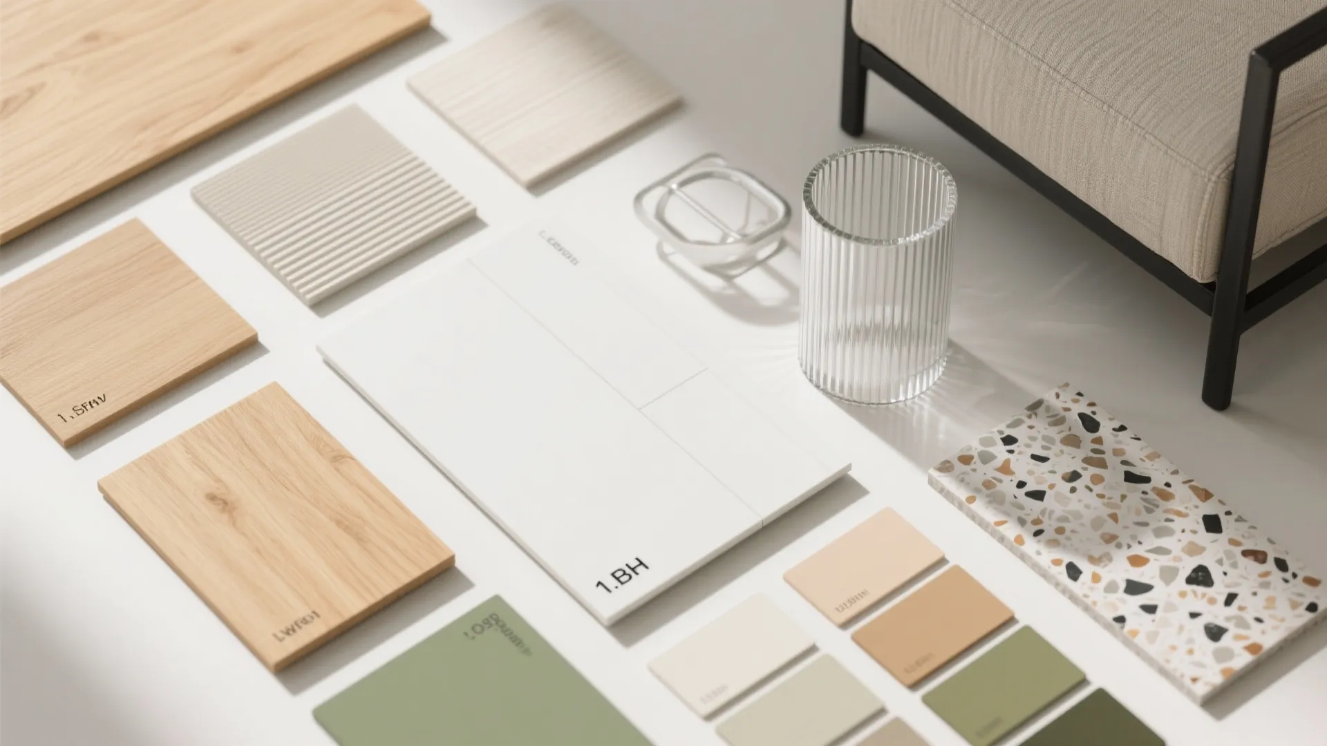 Interior design material board with wood samples stone tiles color swatches and glass on table