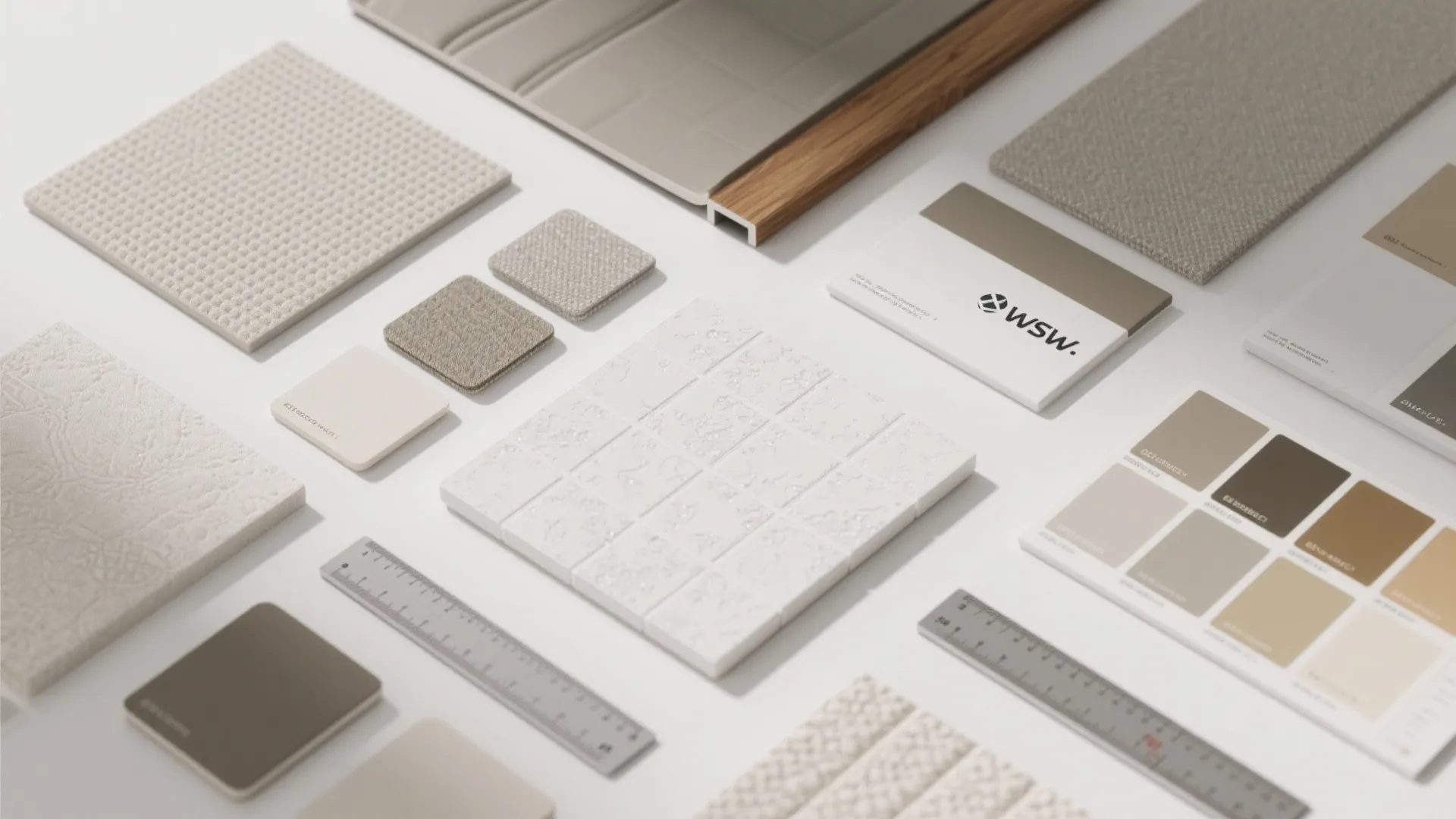 Interior design material samples including tiles, fabric swatches, wood trim, rulers, and color palette cards