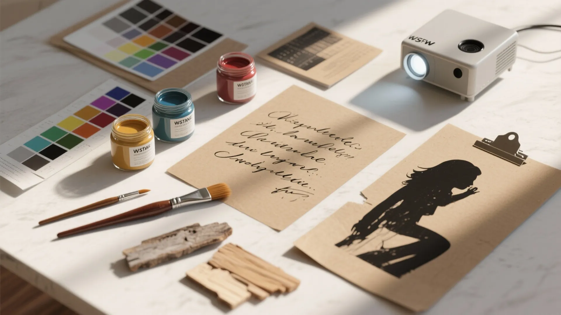 Table with paint jars paint brushes color palette wood samples paper notes and small light projector