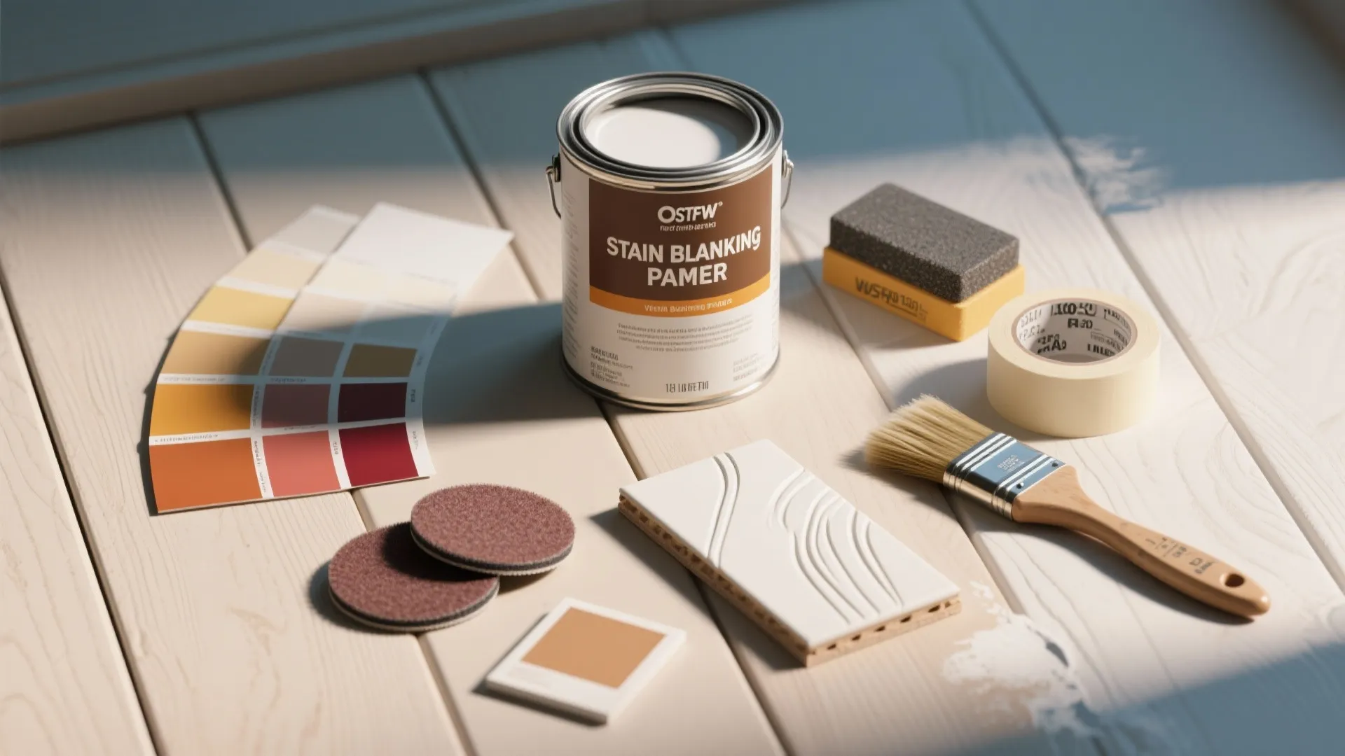 White paint can with brush tape color samples and renovation tools on a wooden floor