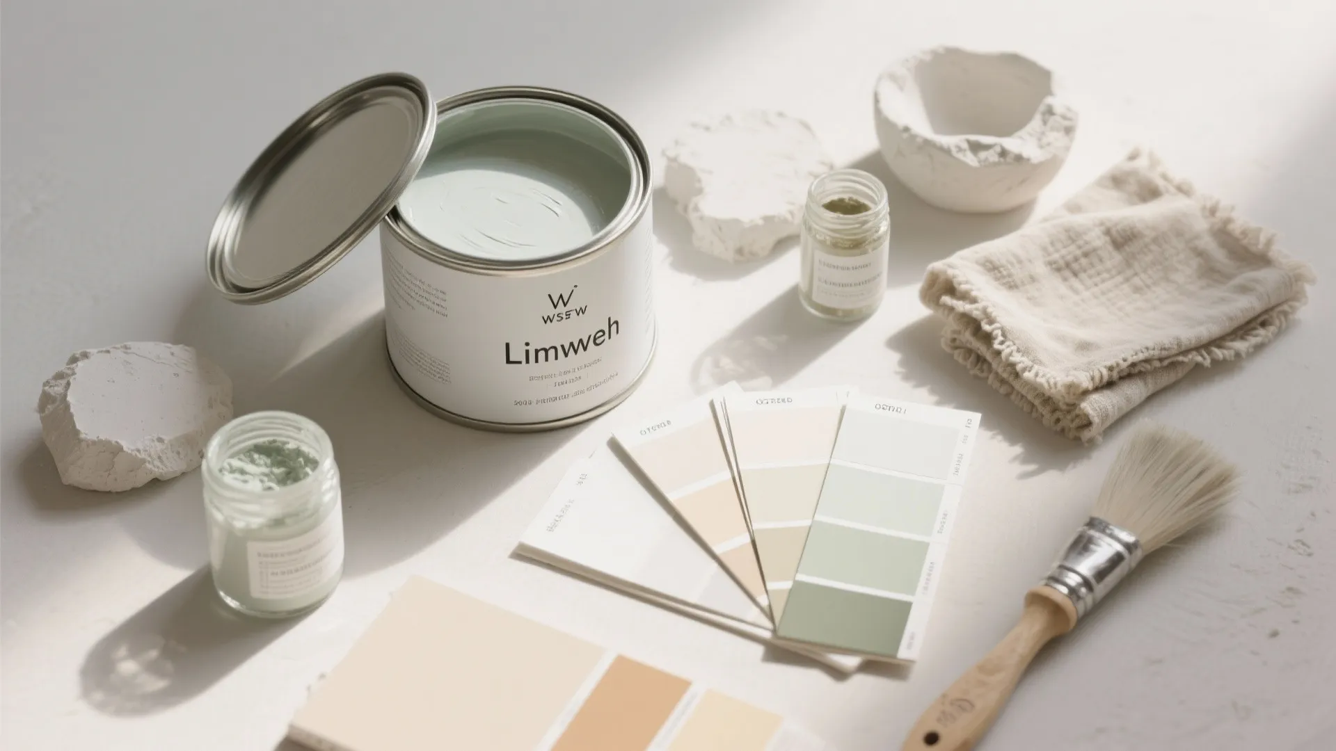 Top-down flatlay of limewash materials, pigments, rags, and plaster samples for color and technique reference.