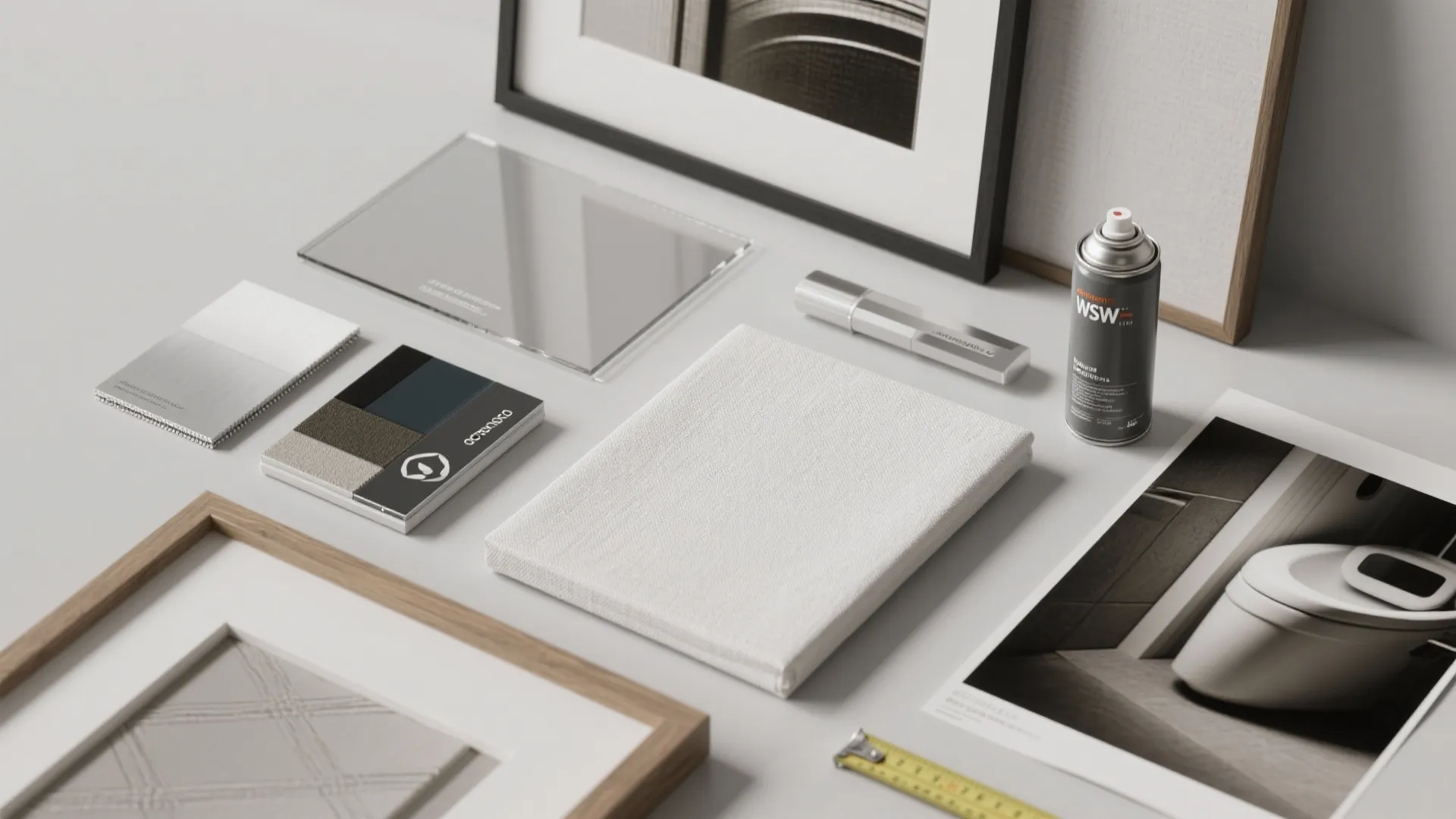 Modern interior design material samples with fabric swatches picture frames paint spray and measuring tape