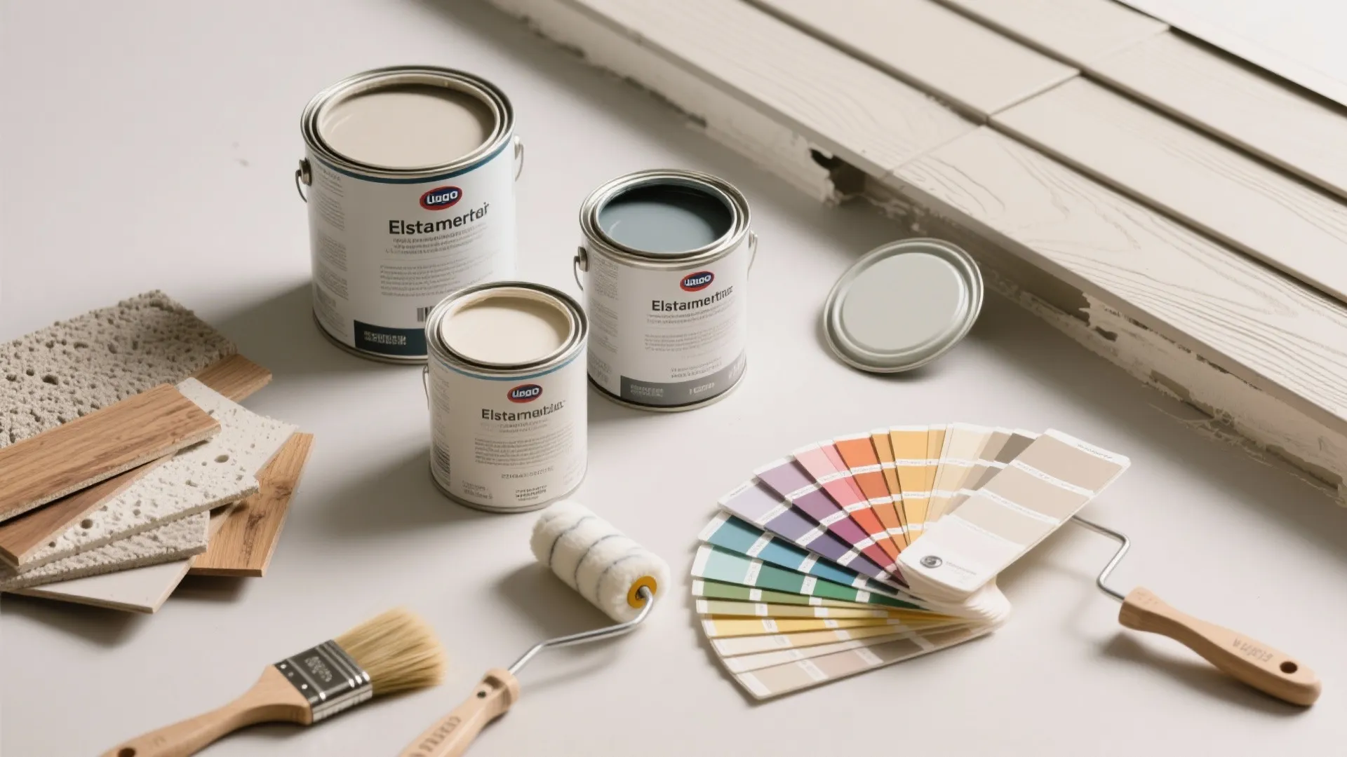 Paint cans with color swatches and wood floor samples and painting tools on a background
