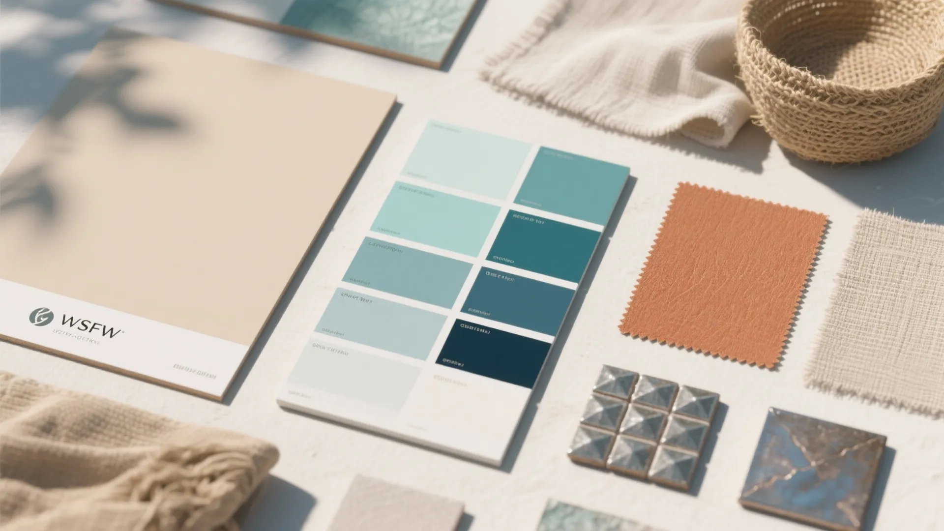 Interior design material board showing blue color palette fabric swatches tiles and small woven basket