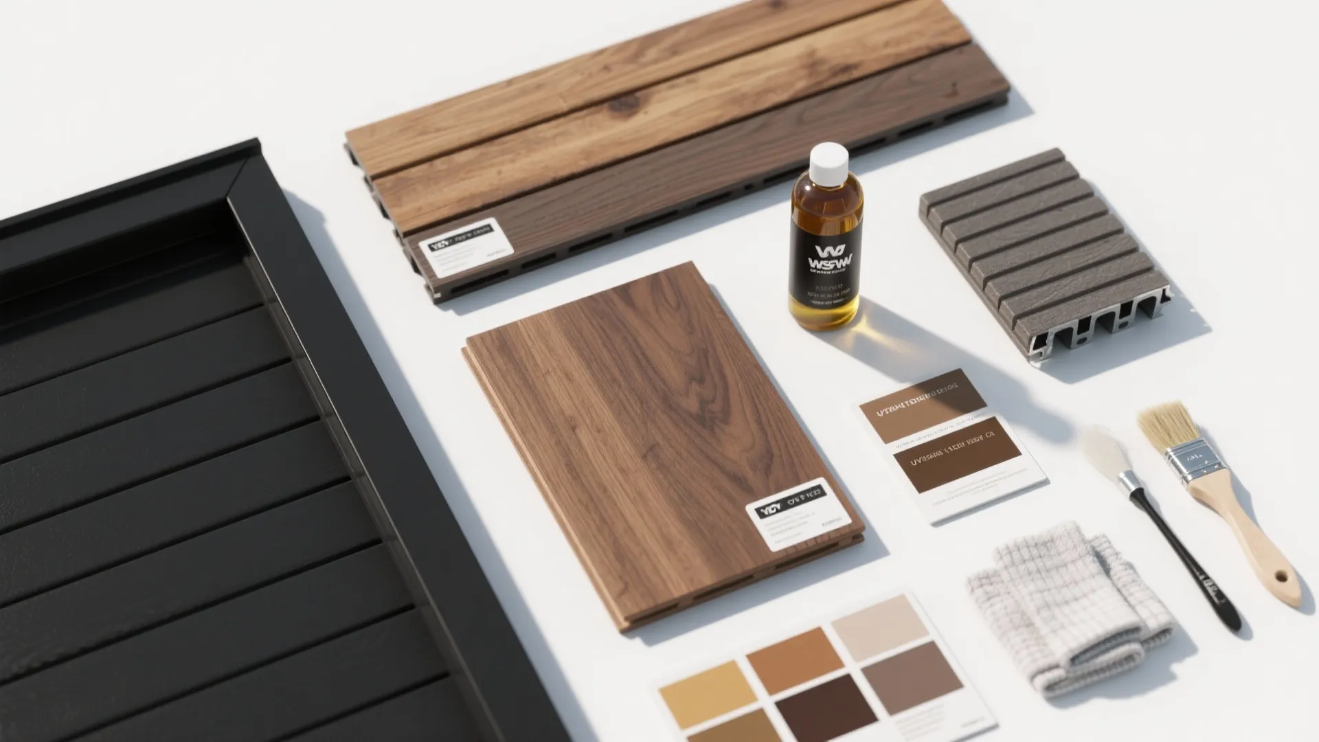 Collection of wood floor samples with oil bottle paint brushes and color cards on white surface