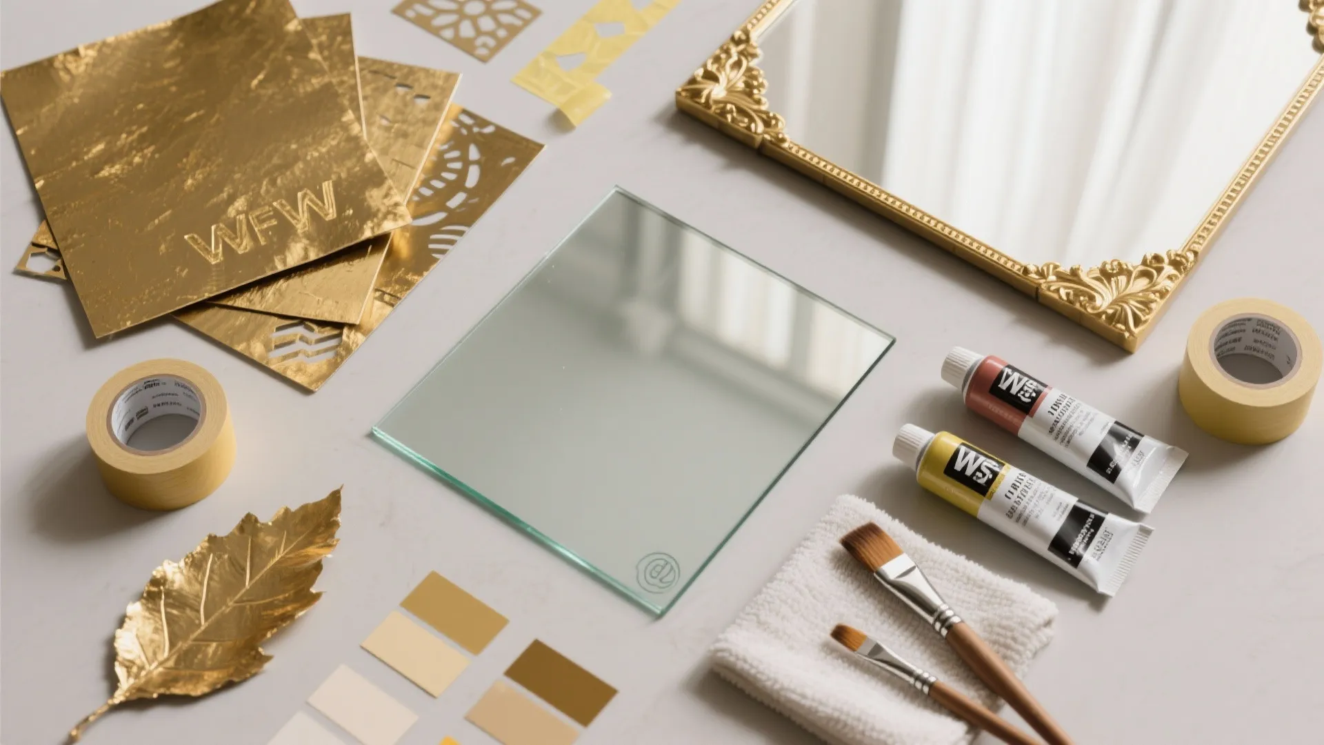 Top-down flatlay of mirror painting supplies including gold leaf, stencils, brushes and glass paints.