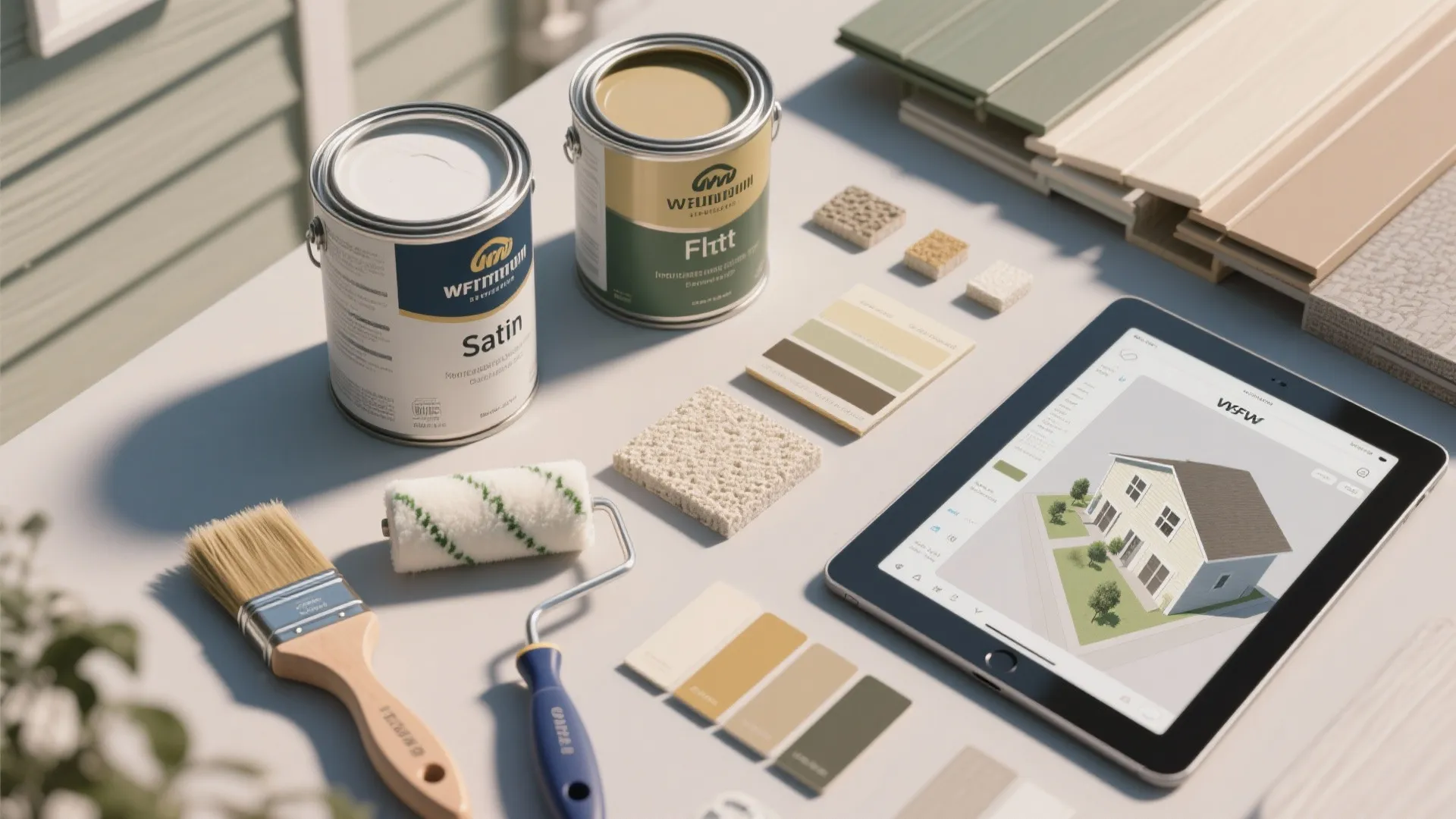 Top-down flatlay of paint cans, finish swatches, brushes and a tablet showing a color mockup.