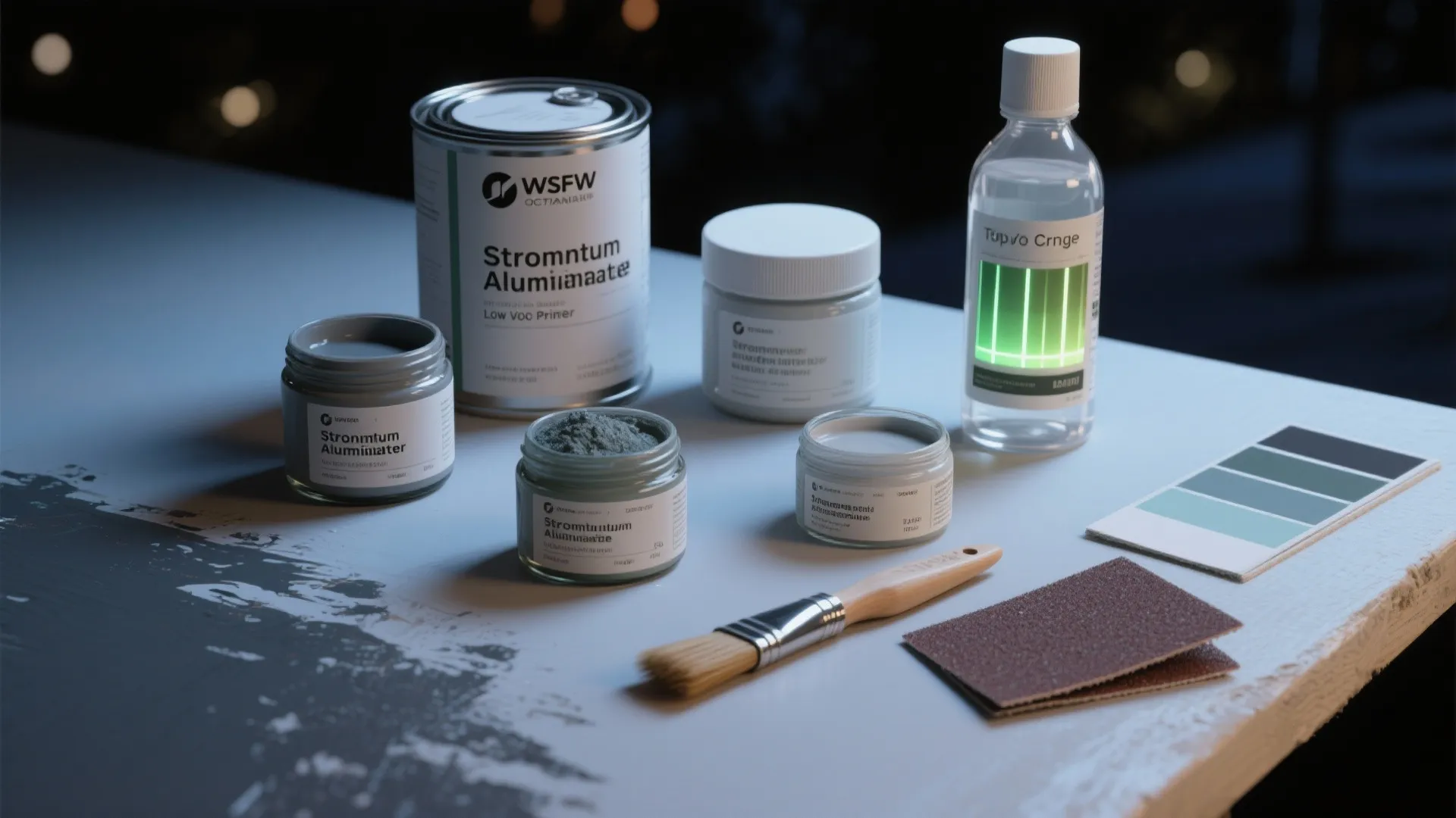 Various paint cans and jars with a brush and sandpaper on a white table surface