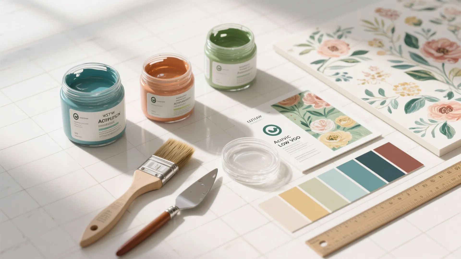 Craft table with paint jars brushes a color palette ruler and floral art on paper