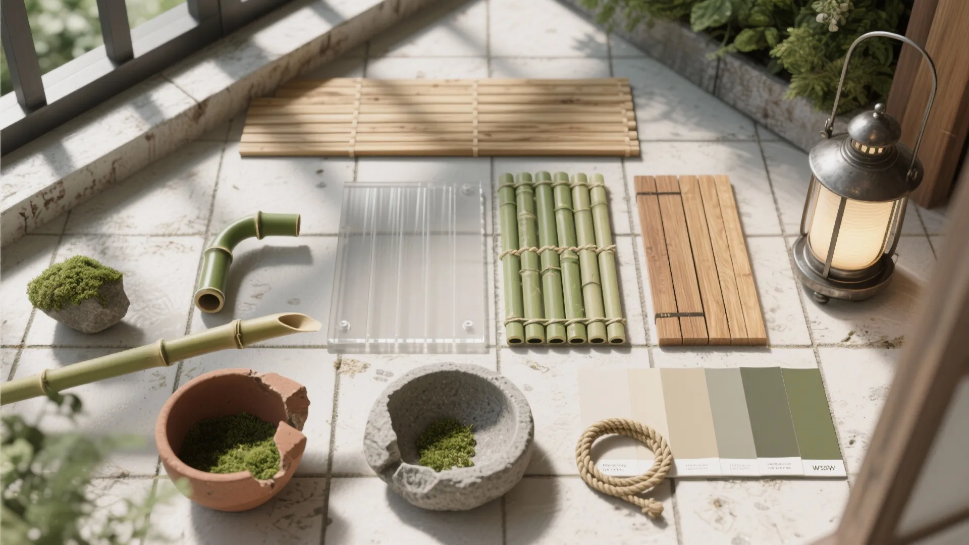 Flat lay of Japanese balcony materials: cedar, frosted acrylic, bamboo, stone, terracotta, moss, and palette cards.