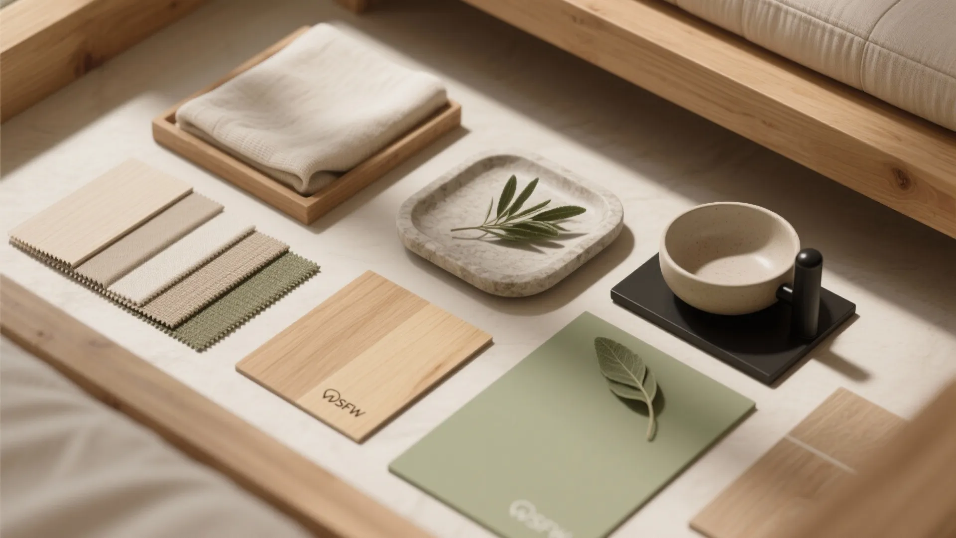 Interior design materials showing fabric samples wood swatches stone tray bowl and green color card