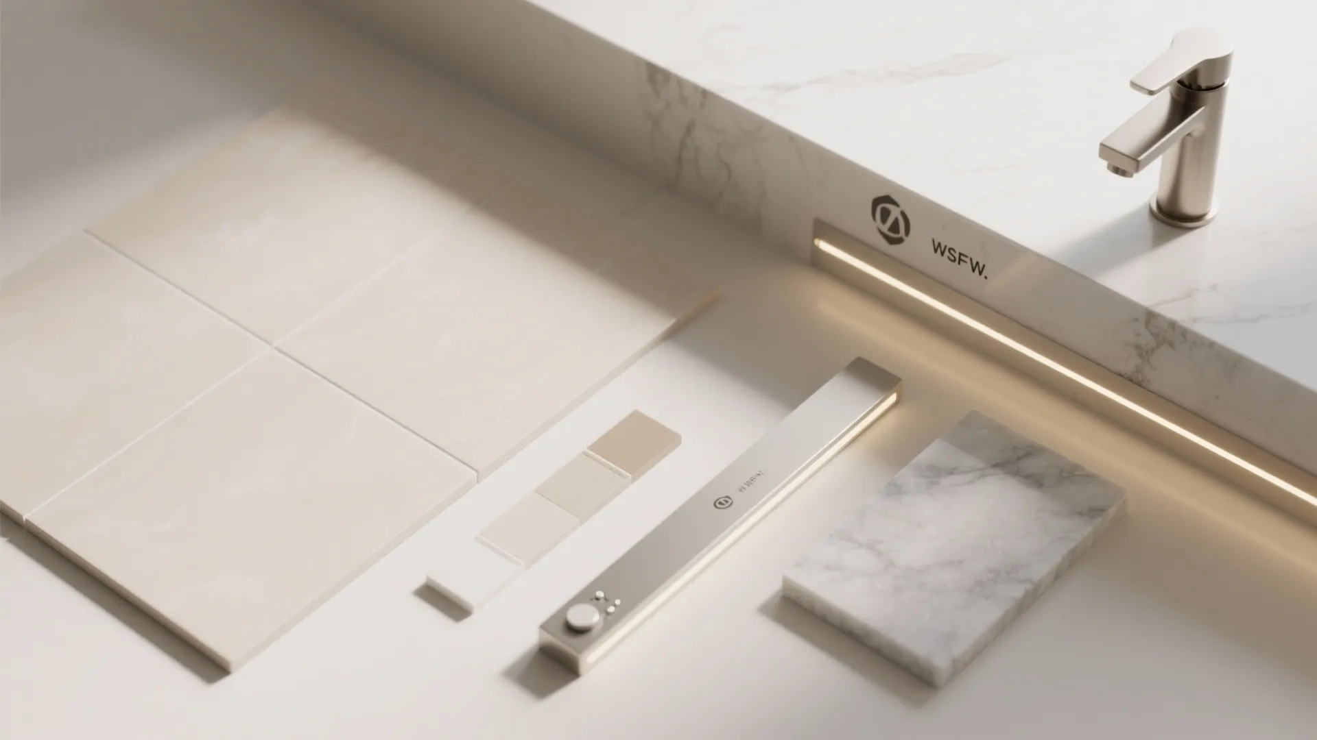 Interior design materials including marble slabs beige floor tiles metal faucet and warm light fixture