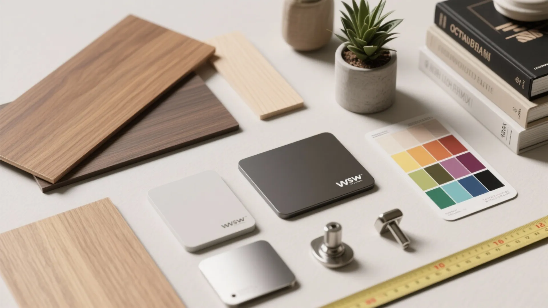 Top-down material flatlay of wood veneer, MDF, metal samples, color cards and measuring tools for shelving planning.