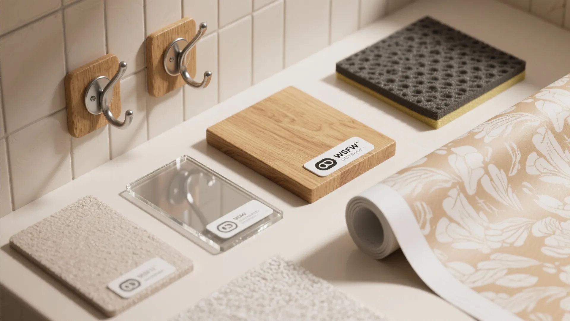 Interior design material samples including wood tiles carpet wallpaper and metal wall hooks on counter