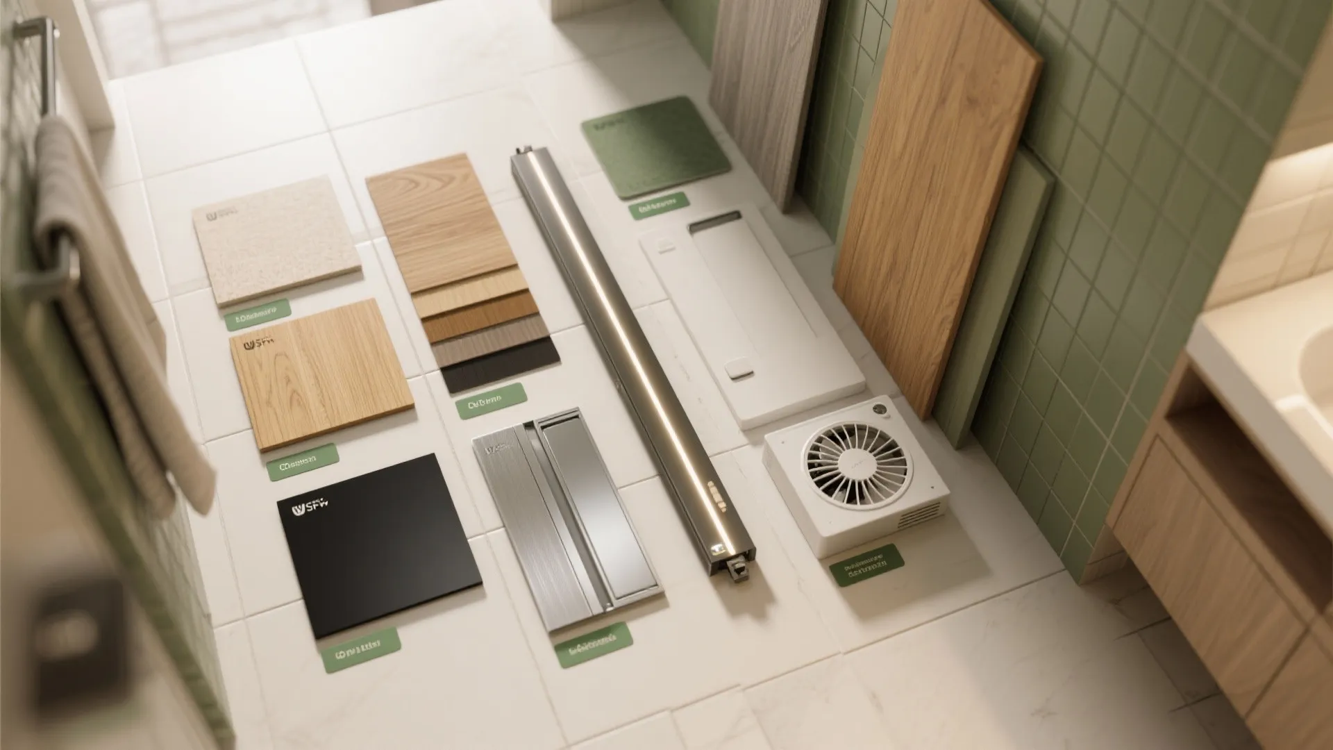 Interior design materials including wood samples and tiles arranged neatly on a white tiled floor